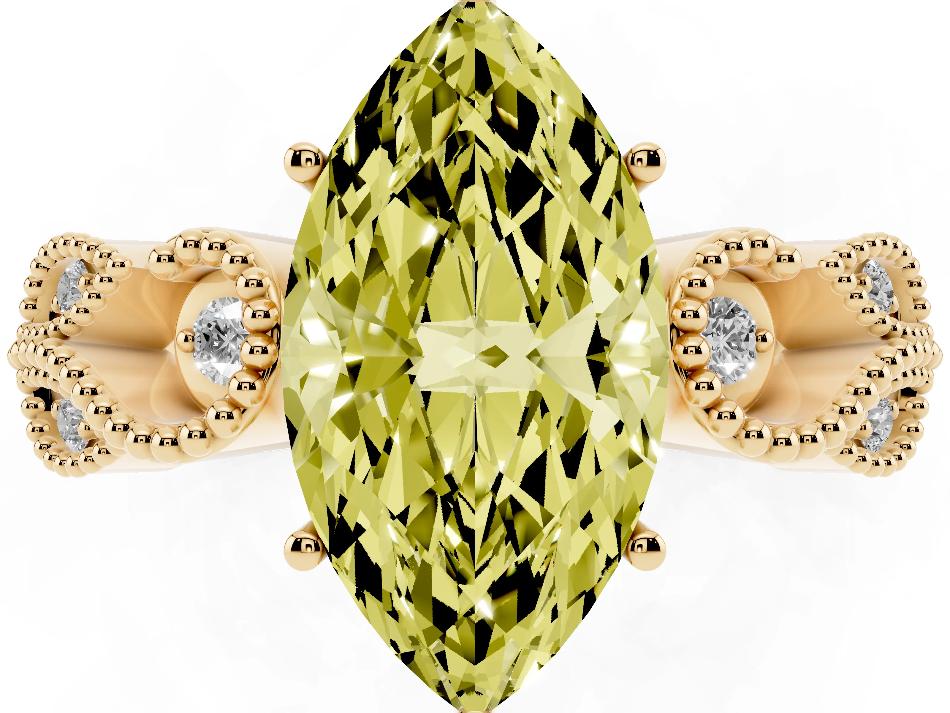 Fancy Yellow Marquise Cut Diamond Milgrain Leaf Band Solitaire Ring Set in Yellow gold with Accent Stones and Prong Setting