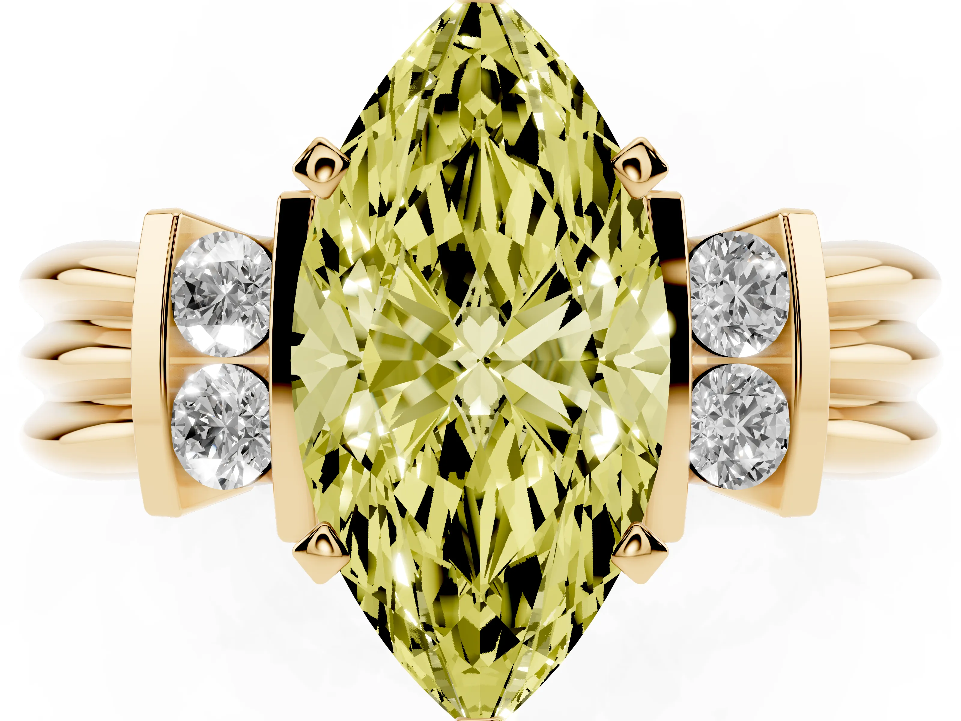 Fancy Yellow Three-Stone Marquise Cut Diamond Channel Set Ring Set in Yellow gold with Bar Prongs