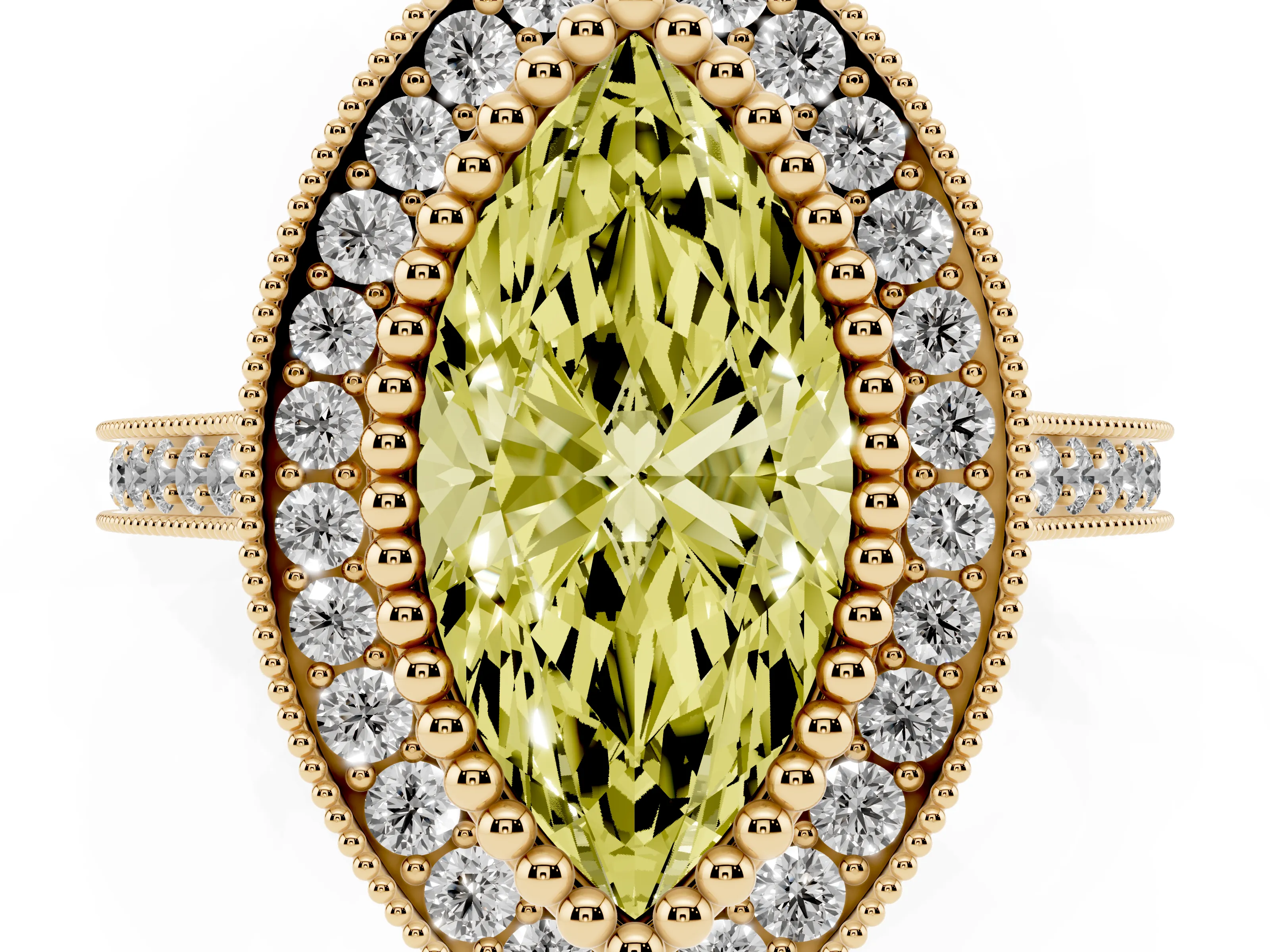 Fancy Yellow Marquise Cut Diamond Halo Ring Set in Yellow gold with Milgrain Frame and Pavé Band