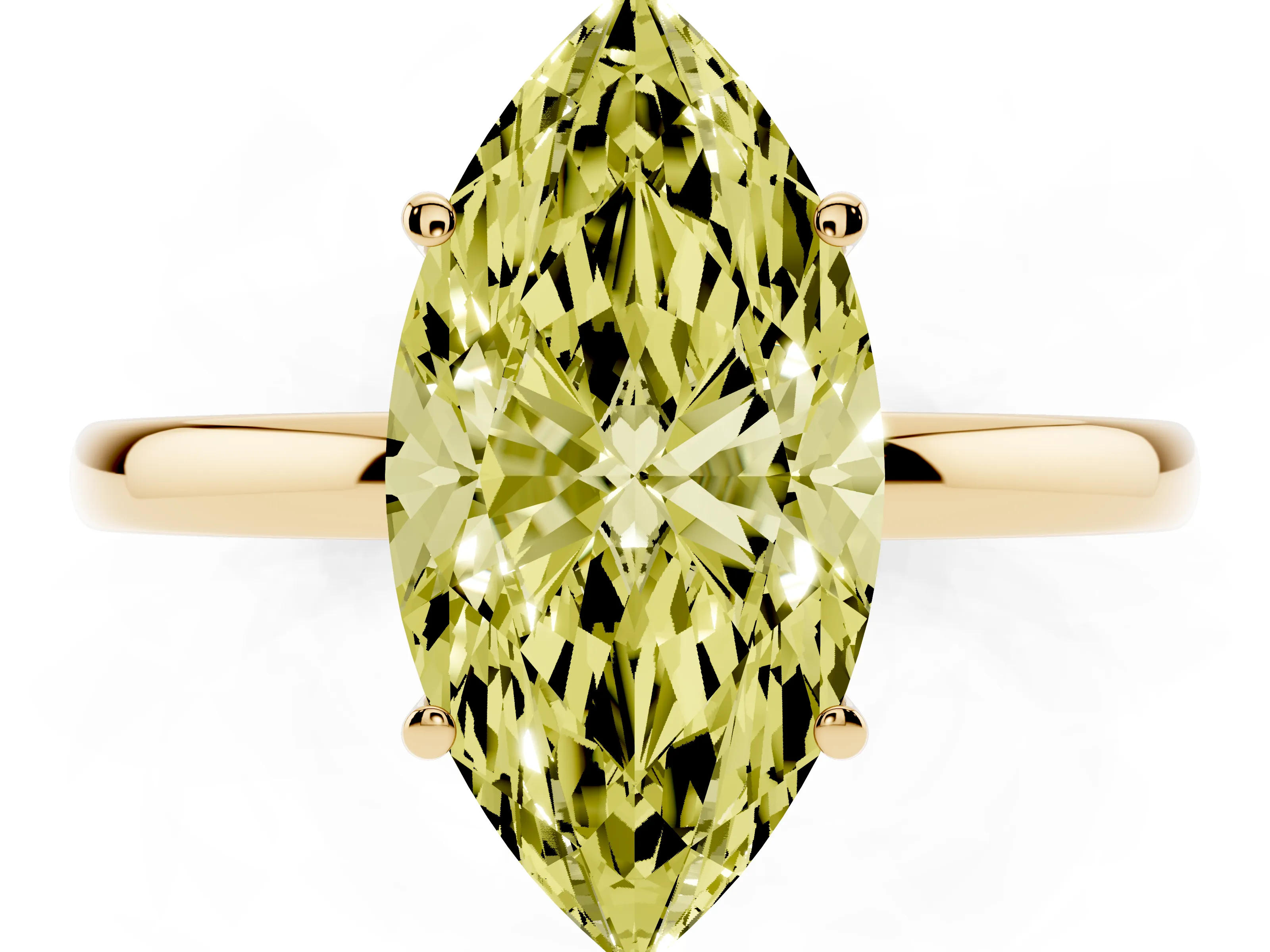 Fancy Yellow Marquise Cut Diamond Solitaire Ring Set in Yellow gold with Plain Band and Prong Setting