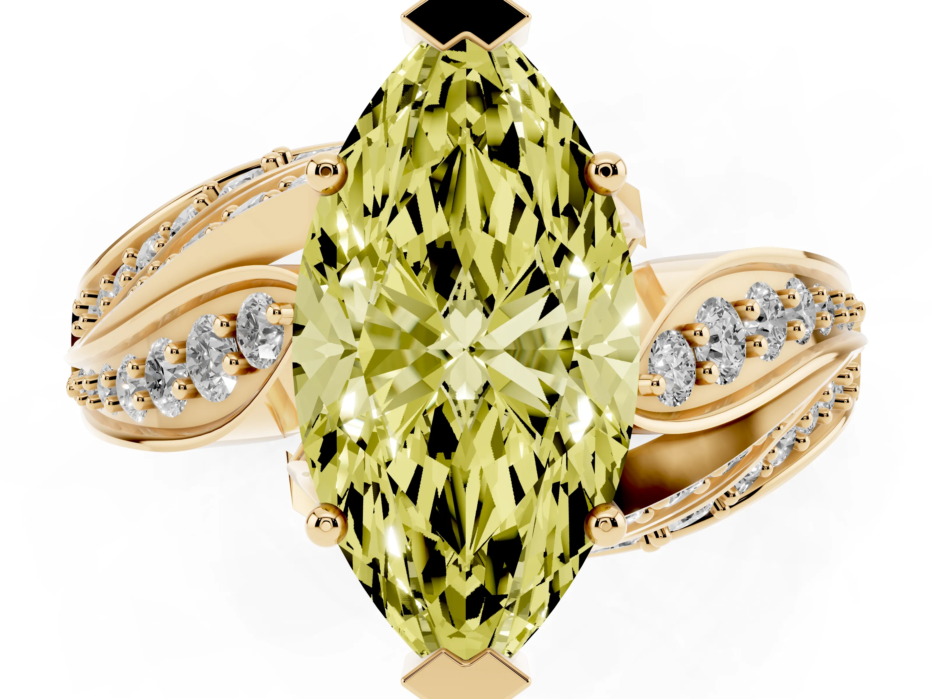 Fancy Yellow Marquise Cut Diamond Solitaire Ring Set in Yellow gold with Layered Twist Pavé Band