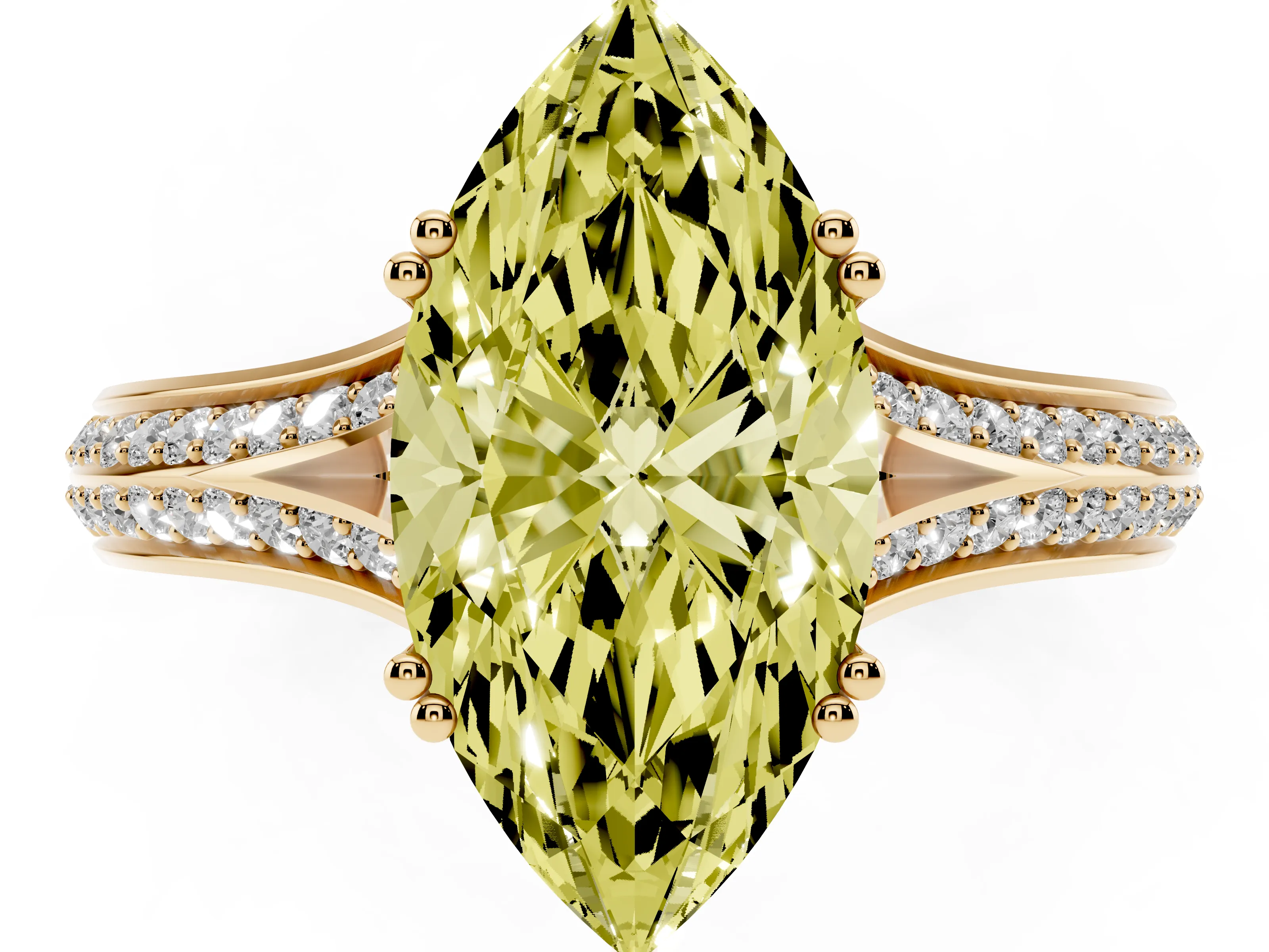 Fancy Yellow Marquise Cut Diamond Split Shank Pavé Engagement Ring Set in Yellow gold with Prong-Set Center Stone