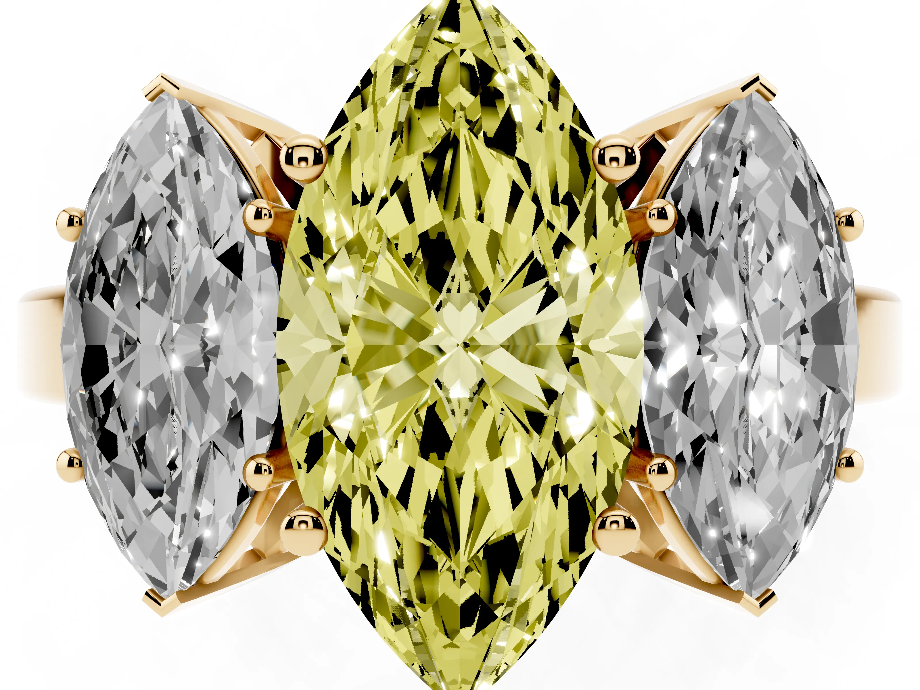 Fancy Yellow Marquise Cut Diamond Three-Stone Engagement Ring Set in Yellow gold with Flat Band
