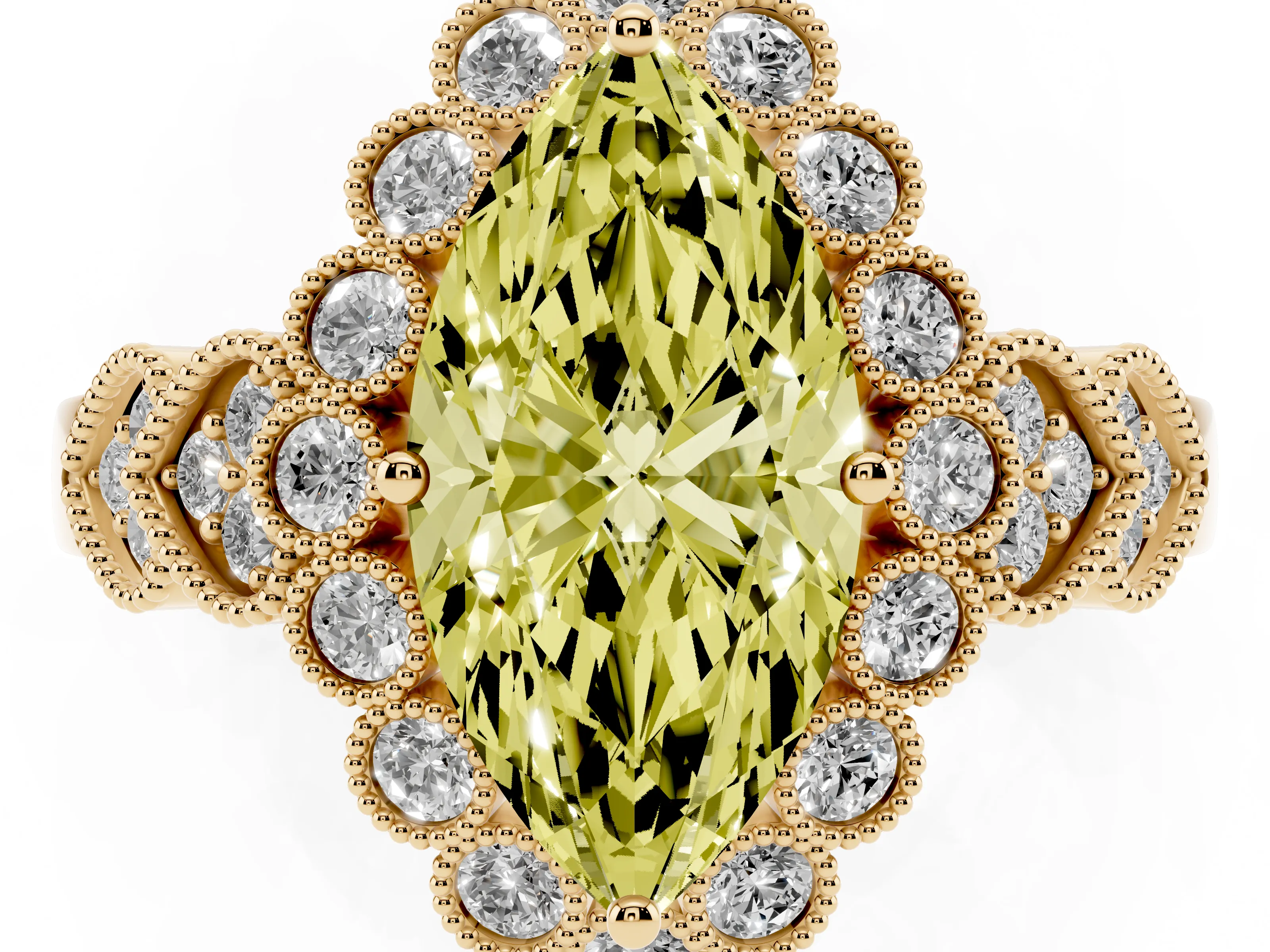 Fancy Yellow Marquise Cut Diamond Solitaire Ring Set in Yellow gold with Milgrain Pavé Heart Band