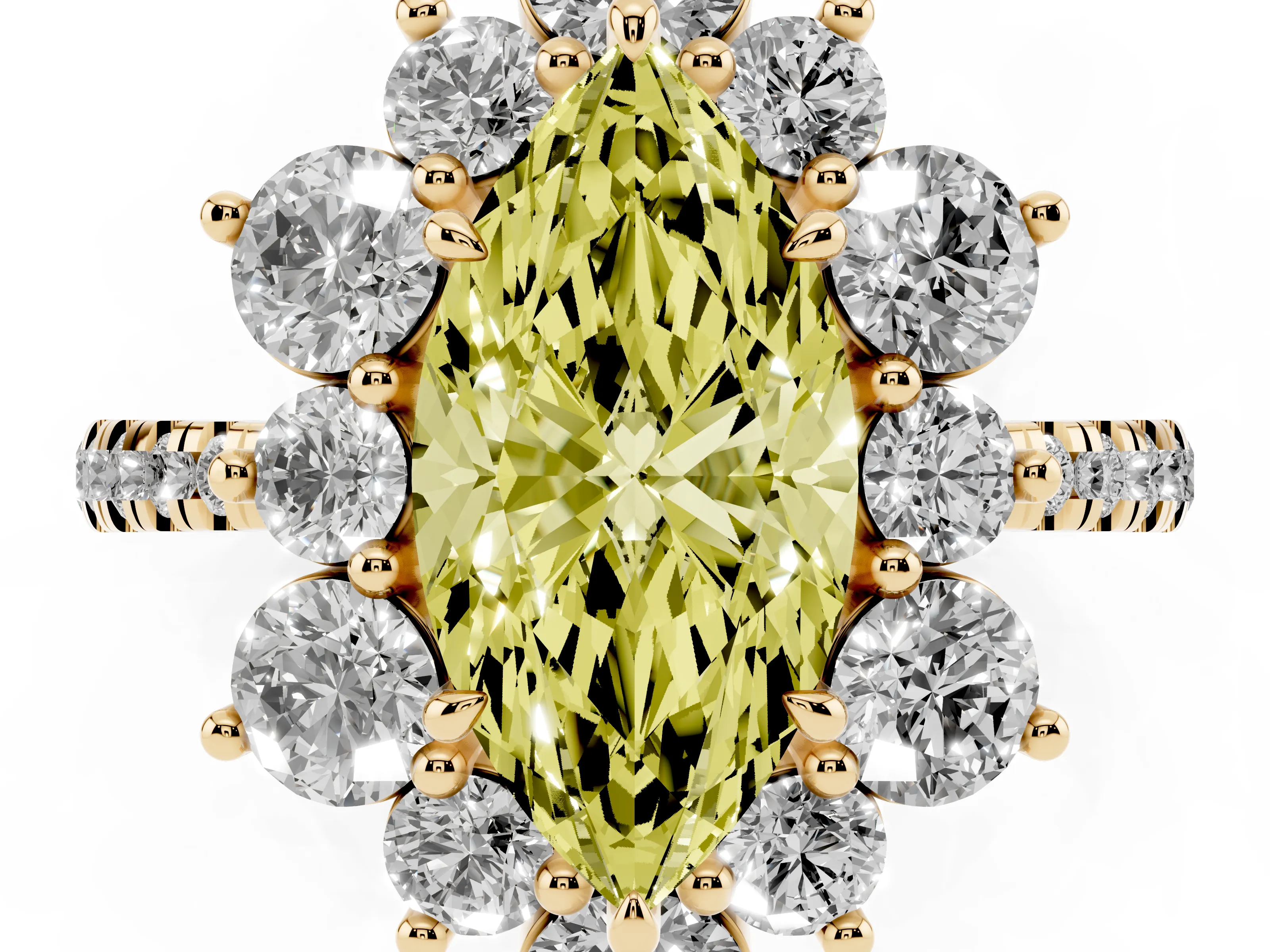 Fancy Yellow Marquise Cut Diamond Floral Halo Ring Set in Yellow gold with Round Pavé Band and Prong Setting