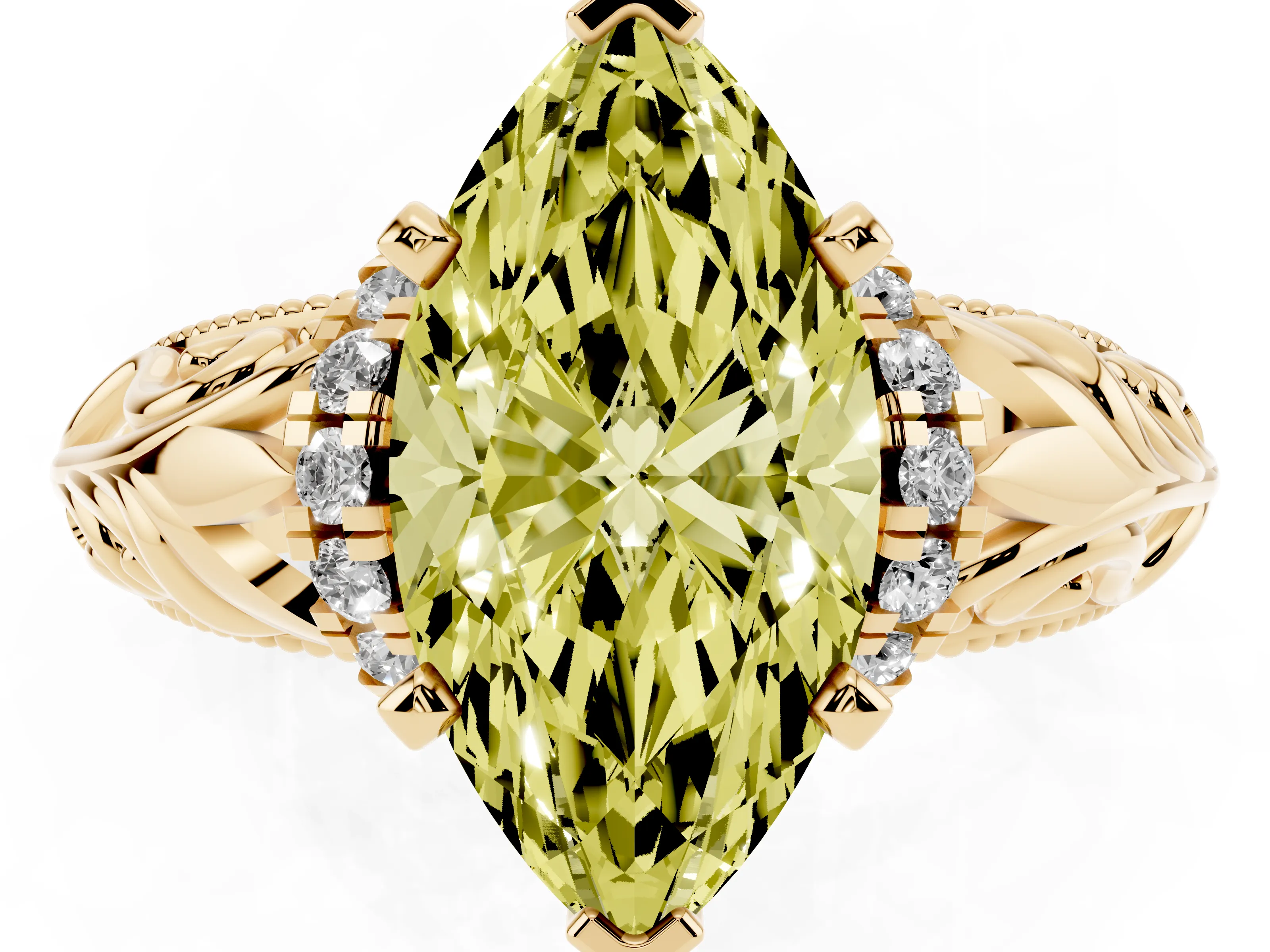 Fancy Yellow Marquise Cut Diamond Filigree Halo Engagement Ring Set in Yellow gold with Prong Setting