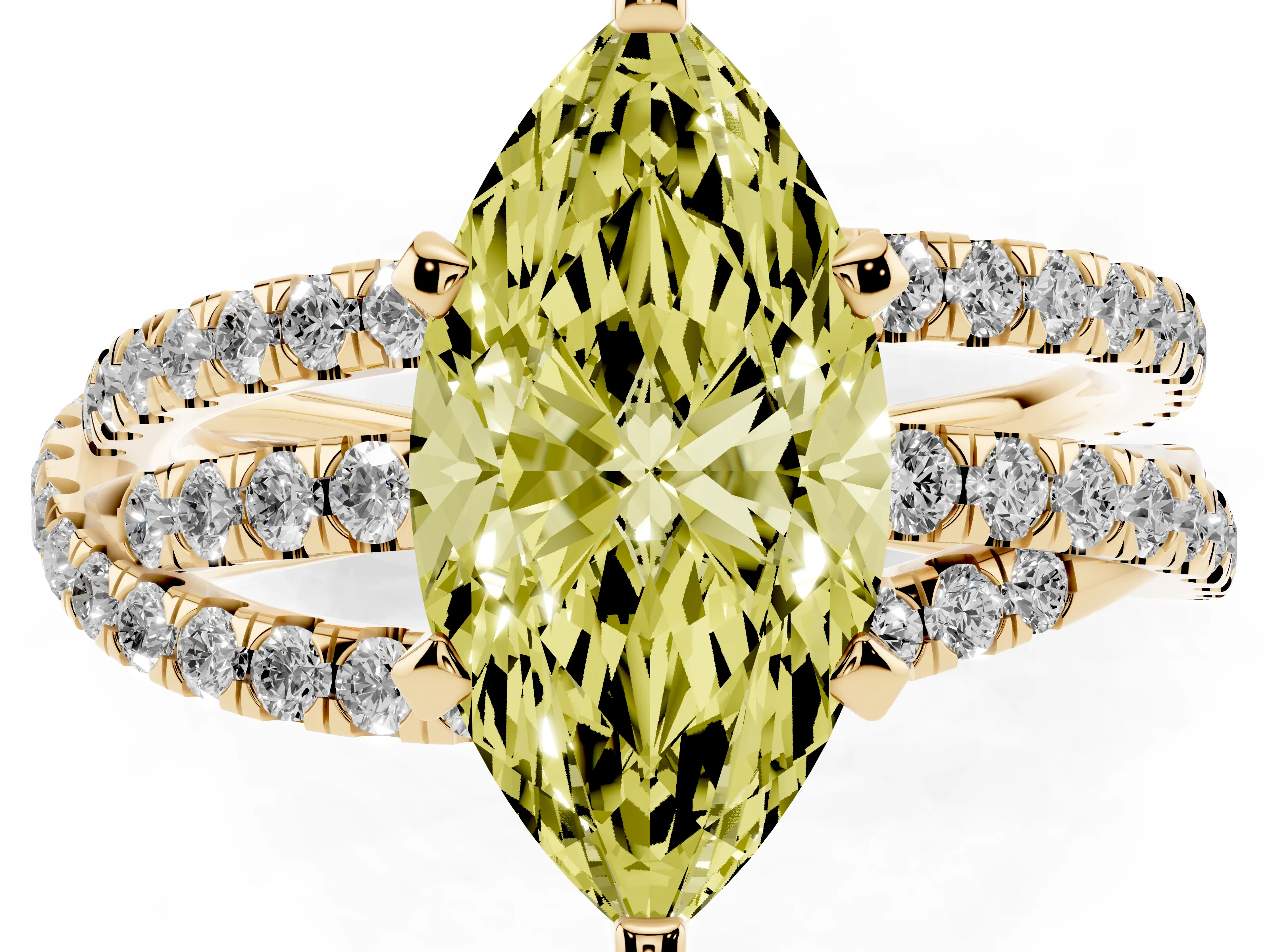 Fancy Yellow Marquise Cut Diamond Solitaire Twist Band Ring Set in Yellow gold with Pavé Setting and Prong Head