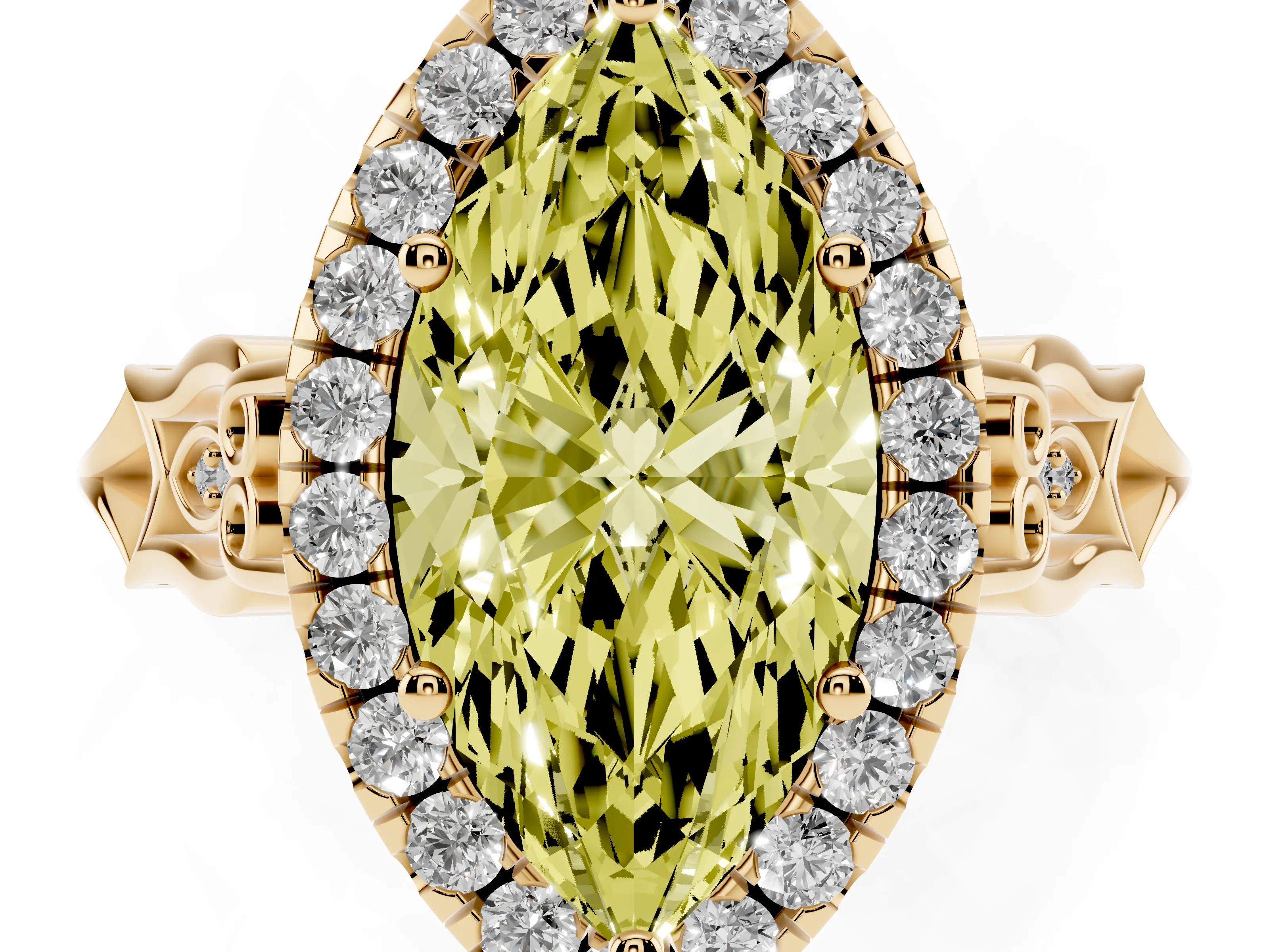 Fancy Yellow Marquise Cut Diamond Halo Engagement Ring Set in Yellow gold with Filigree Band and Prong-Set Center