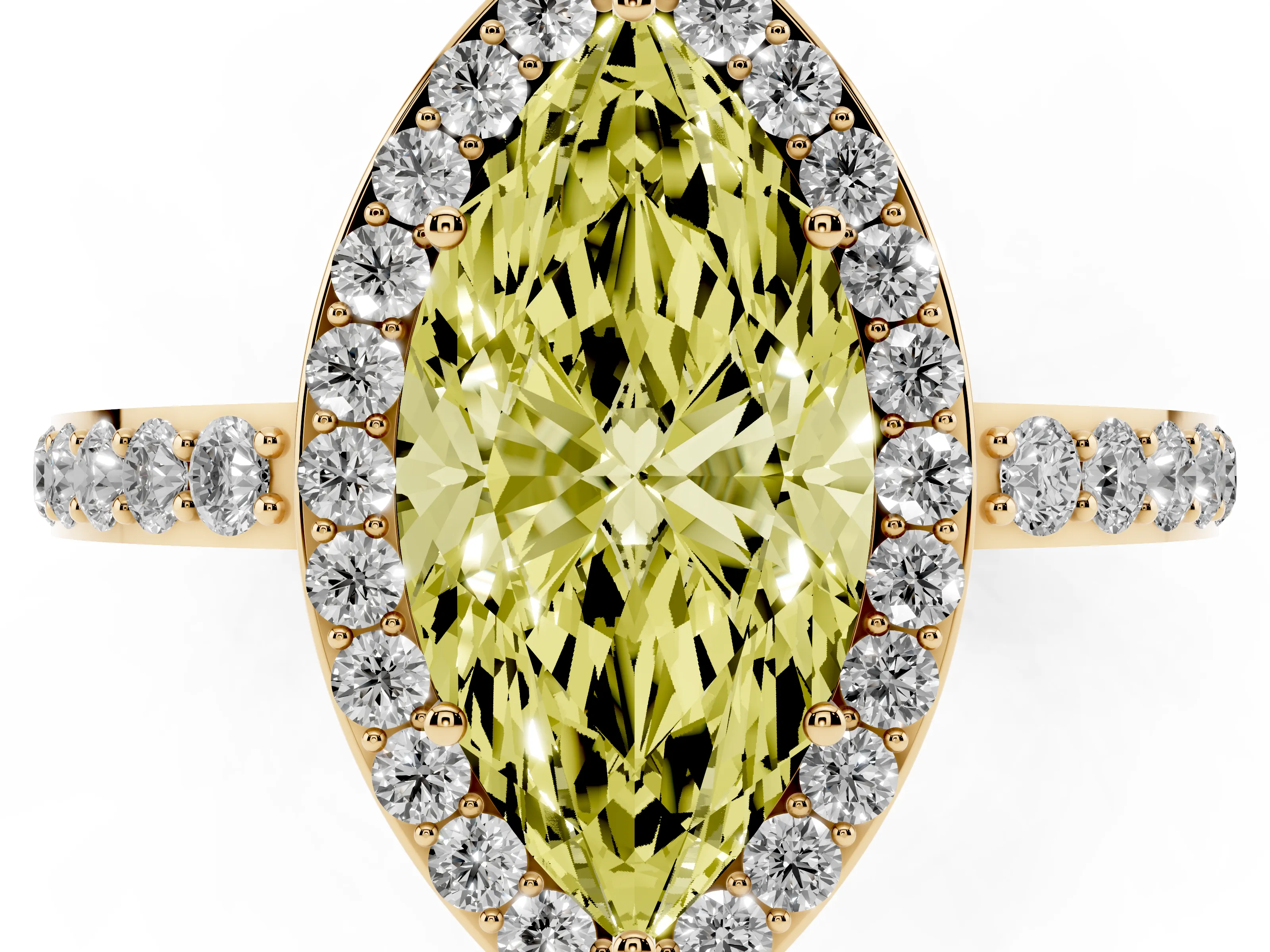 Fancy Yellow Marquise Cut Diamond Halo Ring Set in Yellow gold with Pavé-Setting Band and Open Prong Center