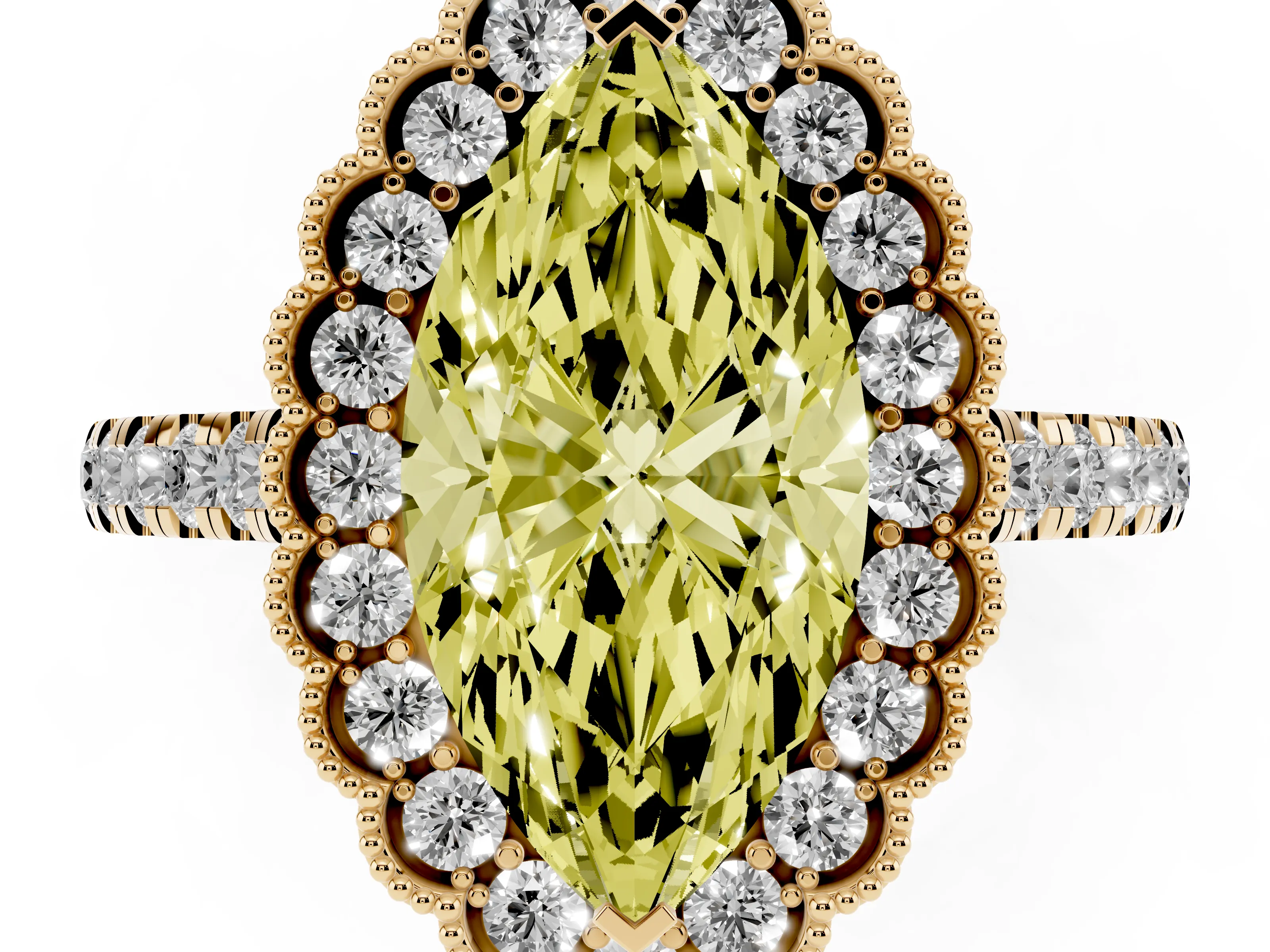 Fancy Yellow Marquise Cut Diamond Milgrain Floral Halo Engagement Ring Set in Yellow gold with Pavé Band