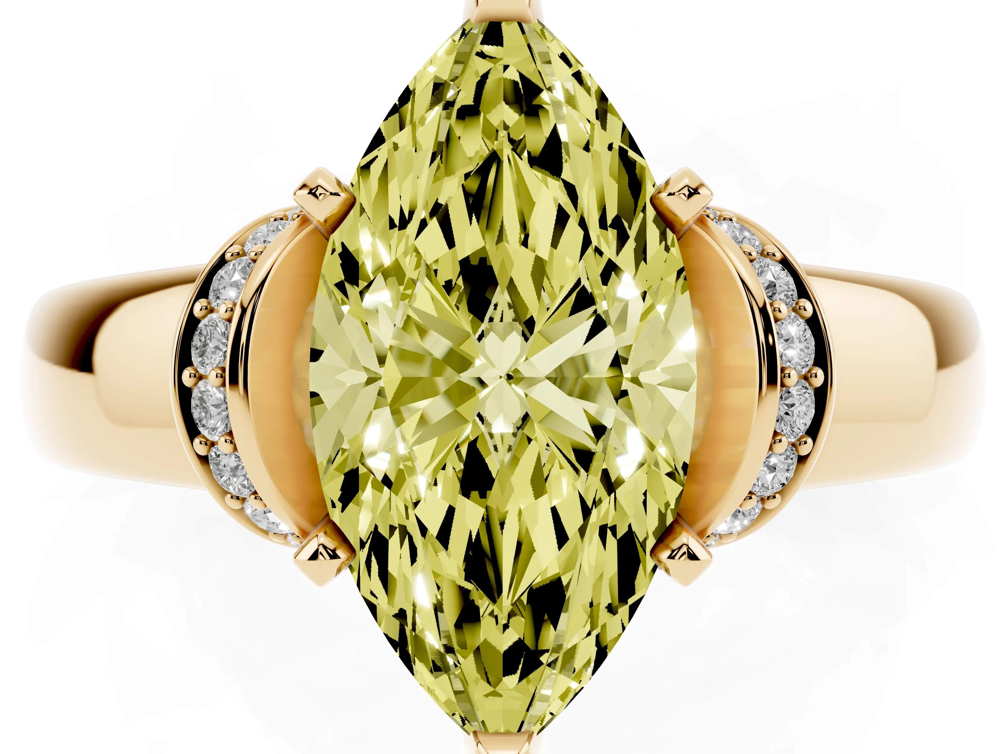 Fancy Yellow Marquise Cut Diamond Pavé Band Solitaire Ring Set in Yellow gold with Prong Setting