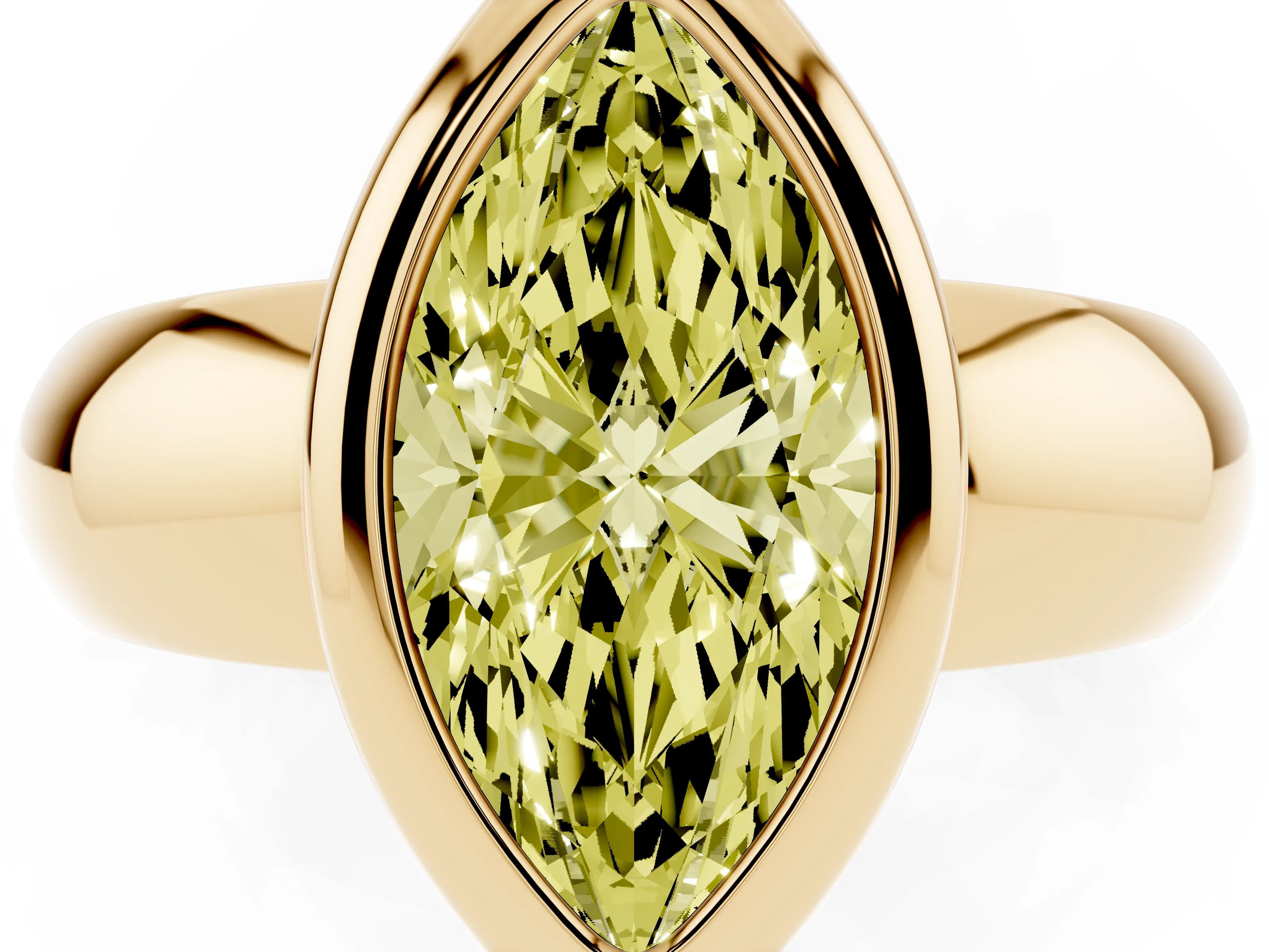 Fancy Yellow Bezel Set Marquise Cut Diamond Solitaire Ring Set in Yellow gold with Wide Band
