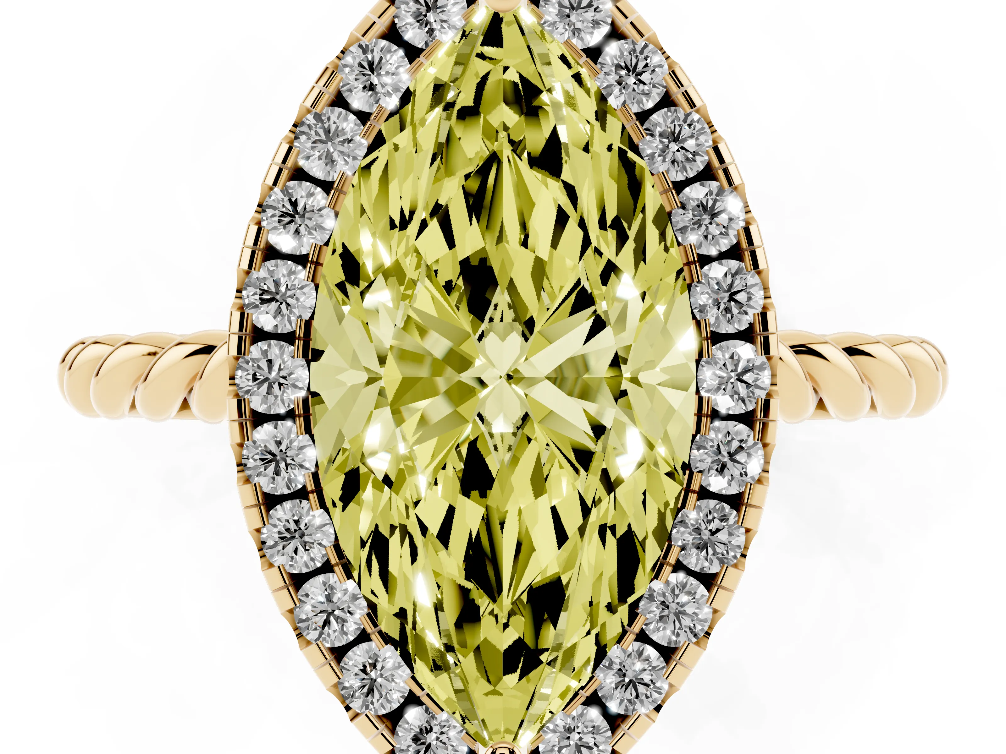 Fancy Yellow Marquise Cut Diamond Halo Ring Set in Yellow gold with Plain Twisted Band