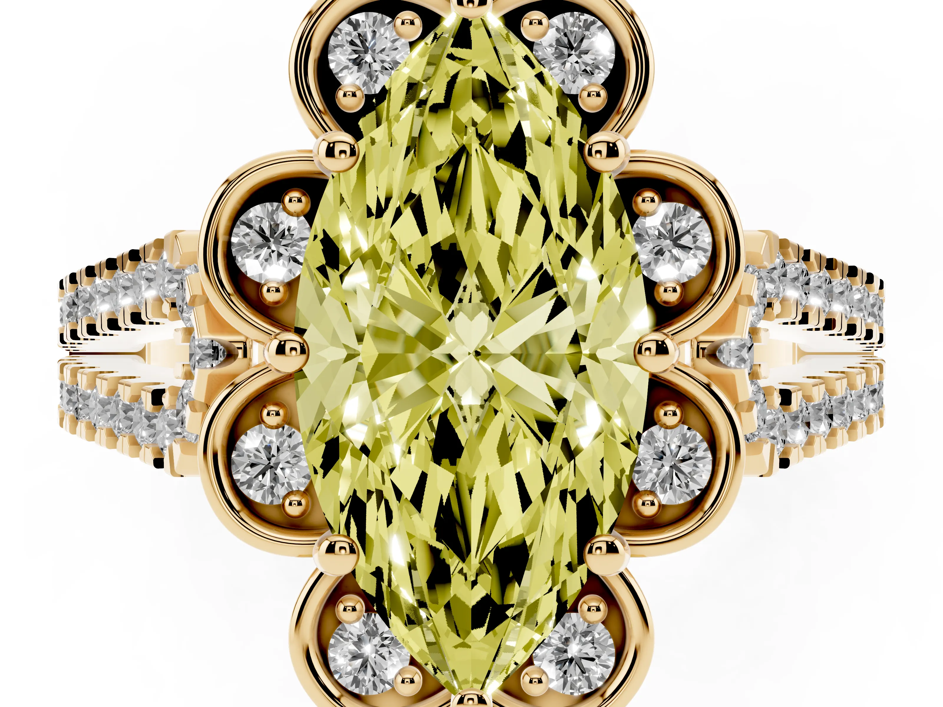 Fancy Yellow Marquise Cut Diamond Floral Halo Split Shank Engagement Ring Set in Yellow gold with Pavé Shank