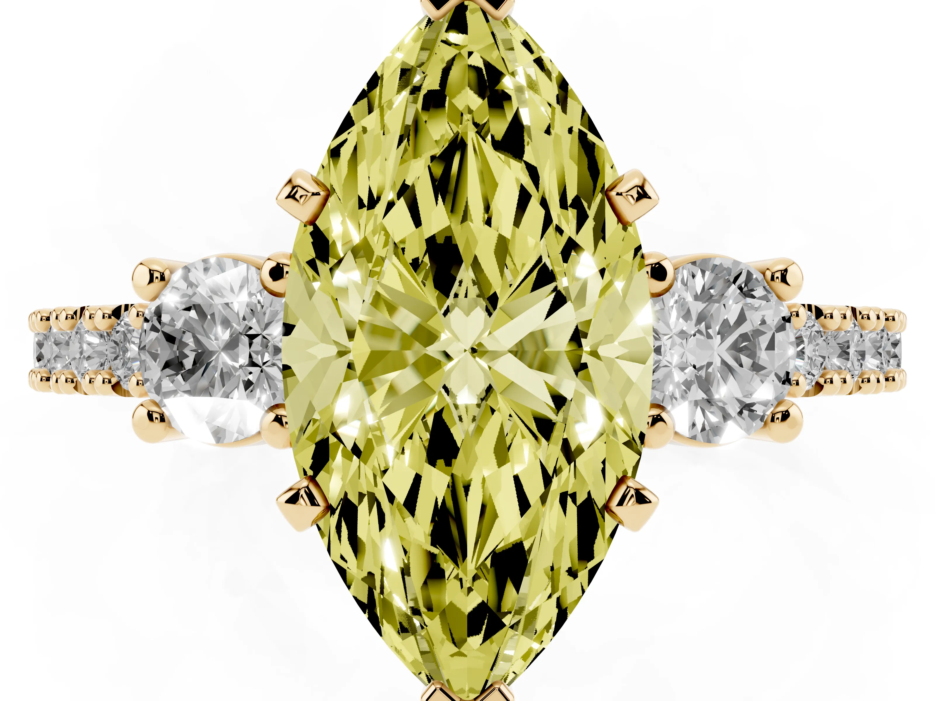 Fancy Yellow Three-Stone Marquise Cut Diamond Pavé Band Ring Set in Yellow gold with Prong Setting