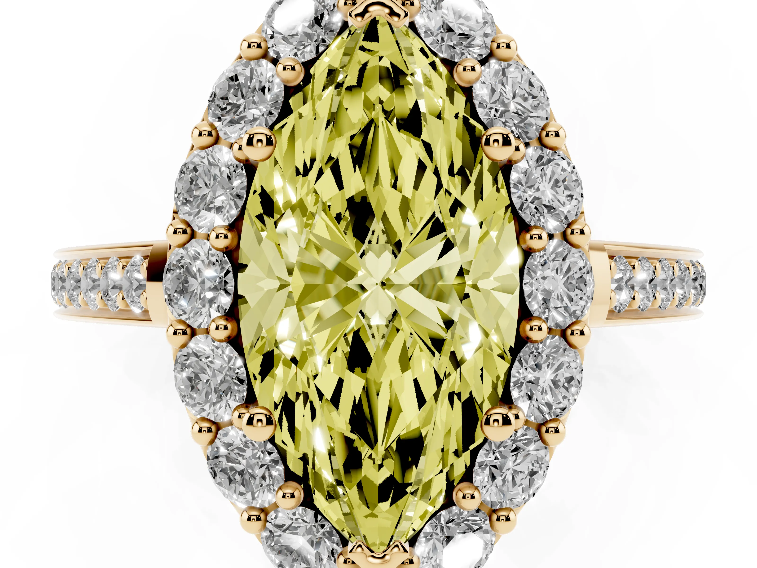 Fancy Yellow Marquise Cut Diamond Floral Halo Ring Set in Yellow gold with Pavé Band and Prong Setting