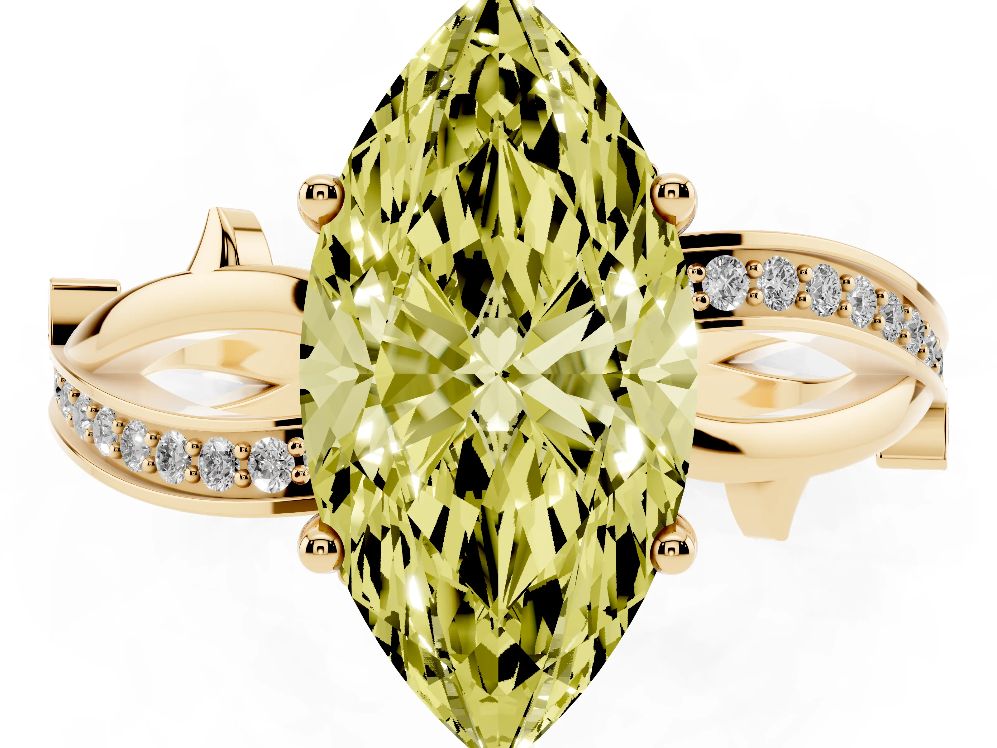 Fancy Yellow Marquise Cut Diamond Pavé Twist Band Solitaire Ring Set in Yellow gold with Prong Setting