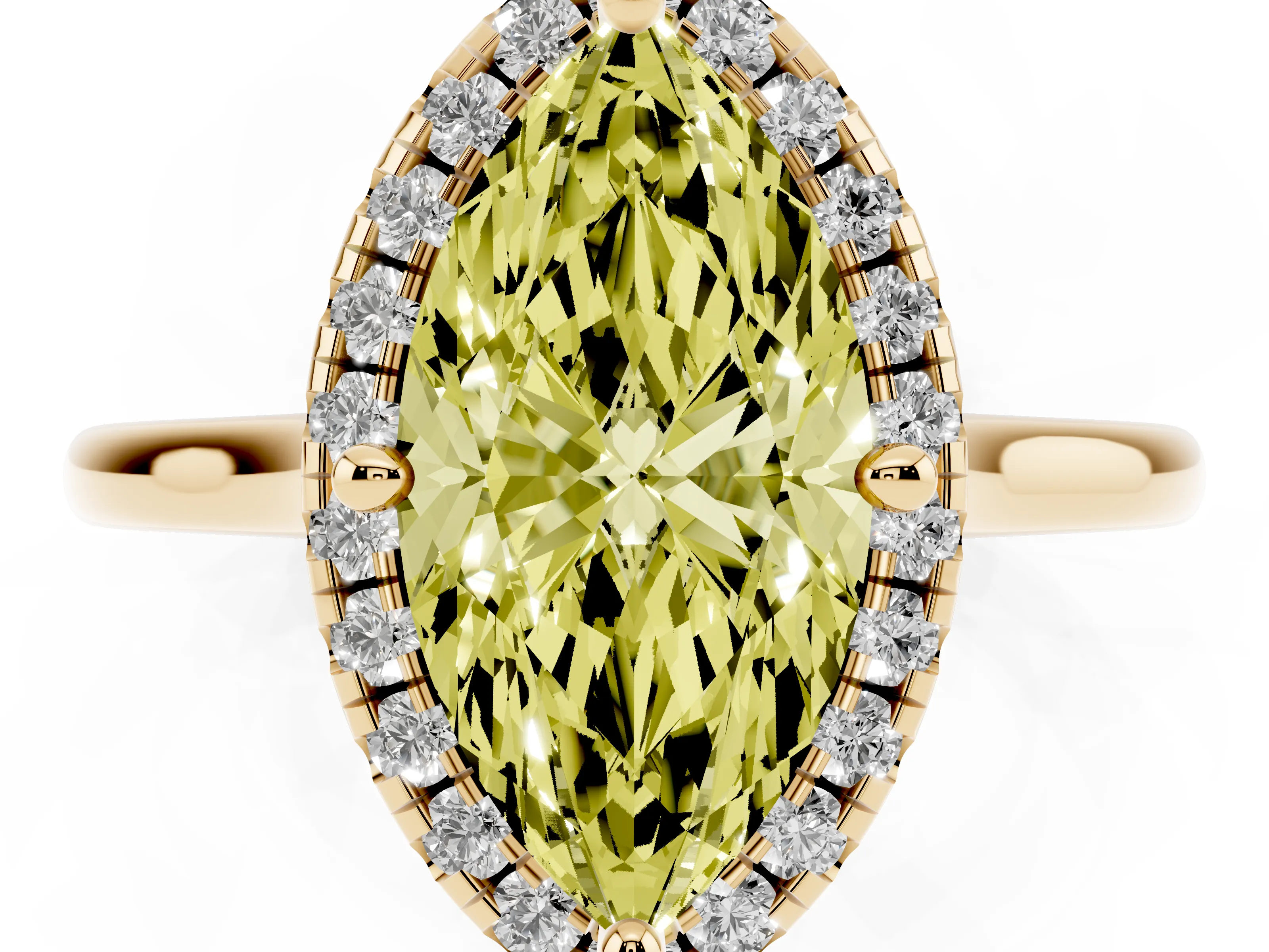 Fancy Yellow Marquise Cut Diamond Halo Engagement Ring Set in Yellow gold with Pavé Band and Rising Shoulders