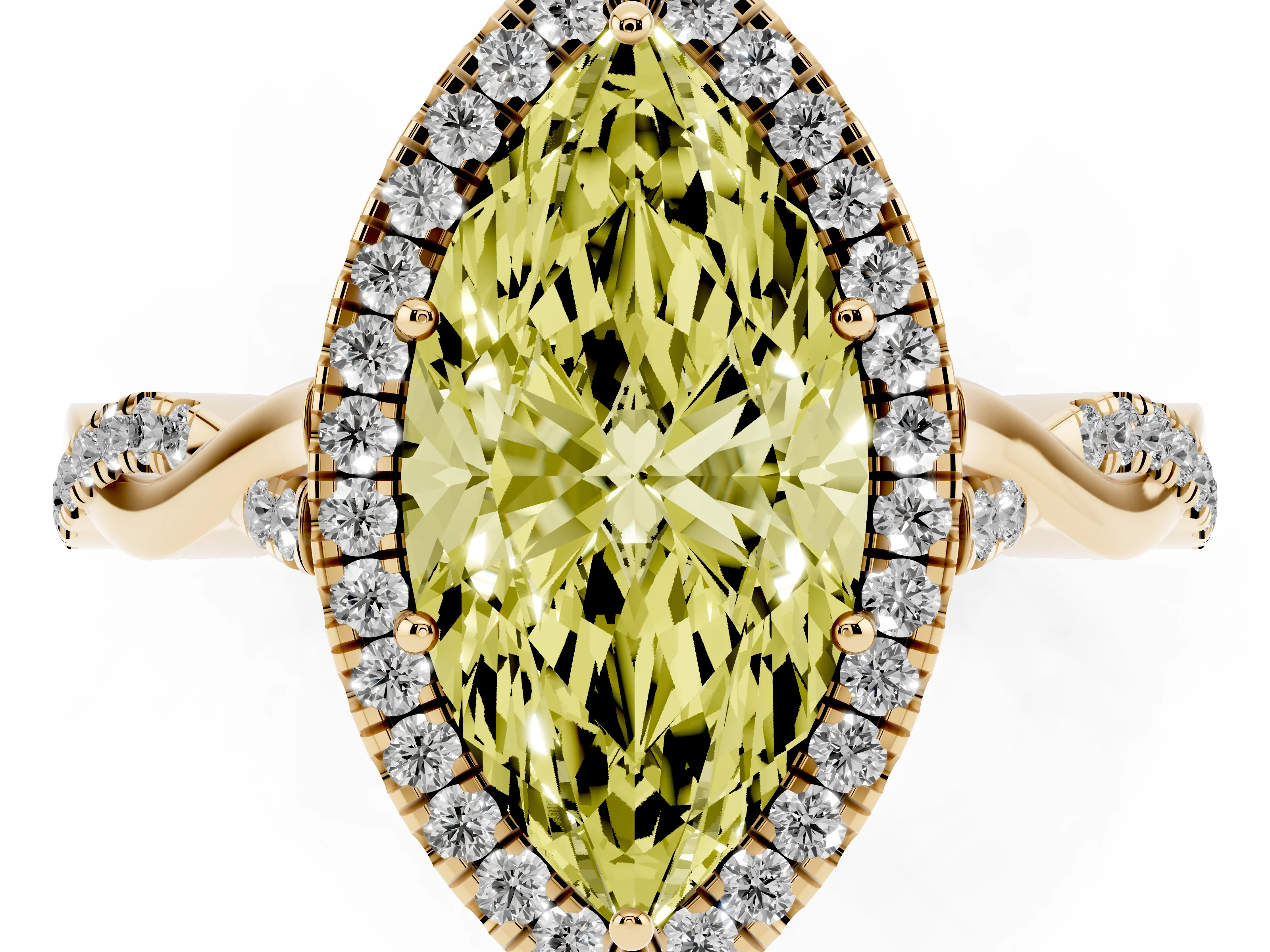 Fancy Yellow Marquise Cut Diamond Halo Twist Band Solitaire Ring Set in Yellow gold with Prong Setting