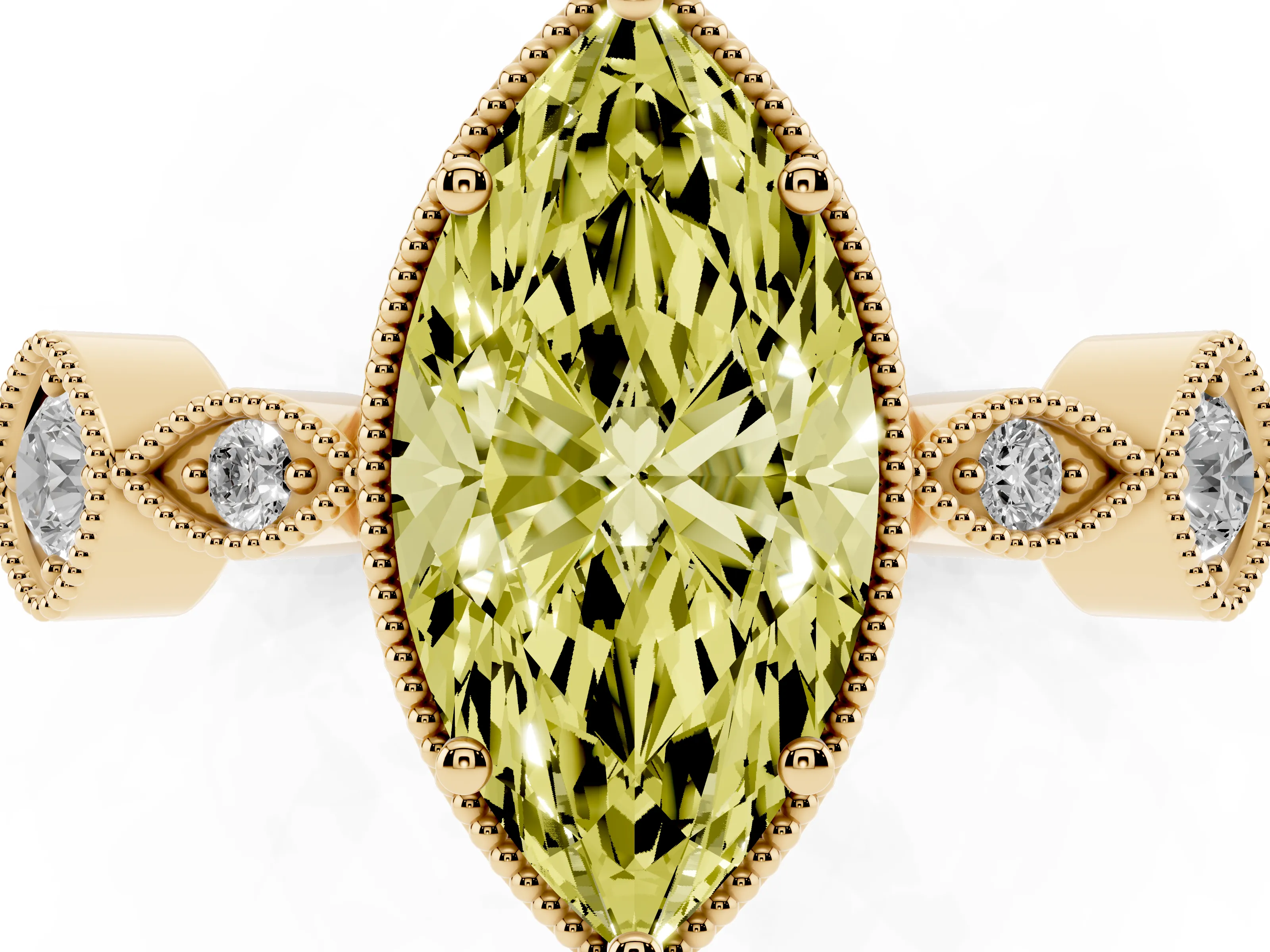Fancy Yellow Marquise Cut Diamond Vintage-Inspired Milgrain Ring Set in Yellow gold with Marquise Stations of Round Accents