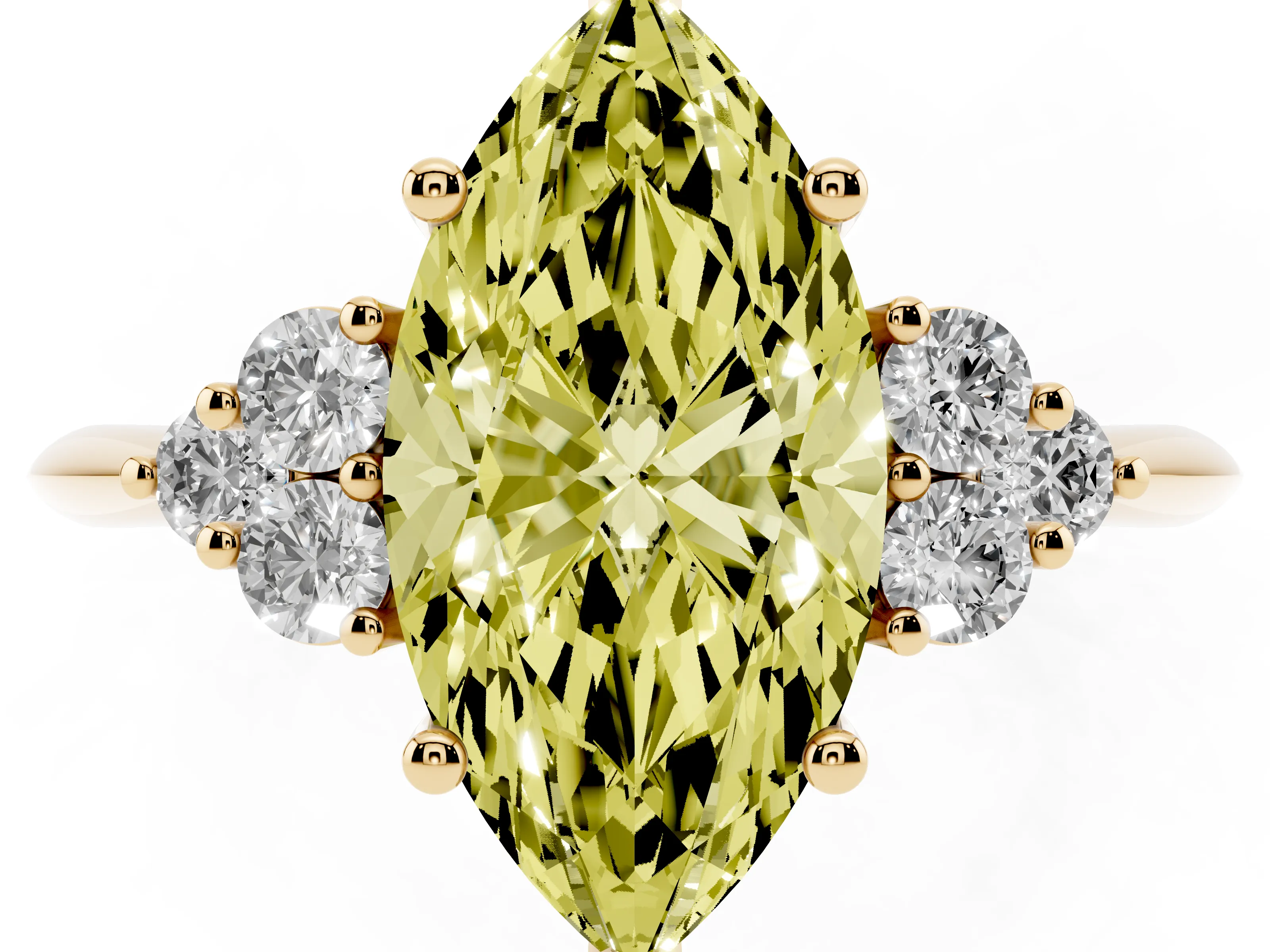 Fancy Yellow Marquise Cut Diamond Cluster Ring Set in Yellow gold with Plain Band and Prong Setting