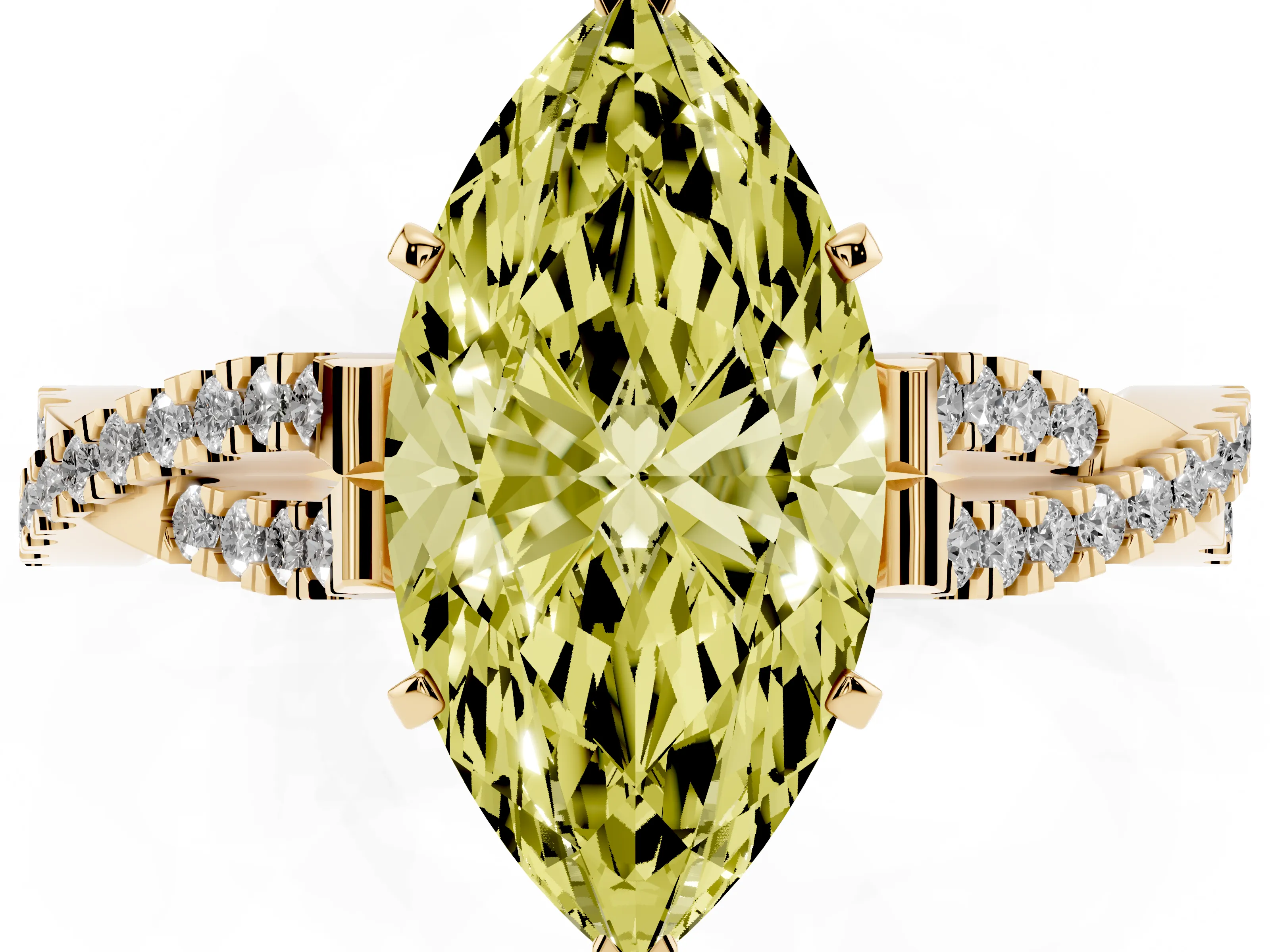 Fancy Yellow Marquise Cut Diamond Solitaire Engagement Ring Set in Yellow gold with Twisted Pavé Band and Prong Setting