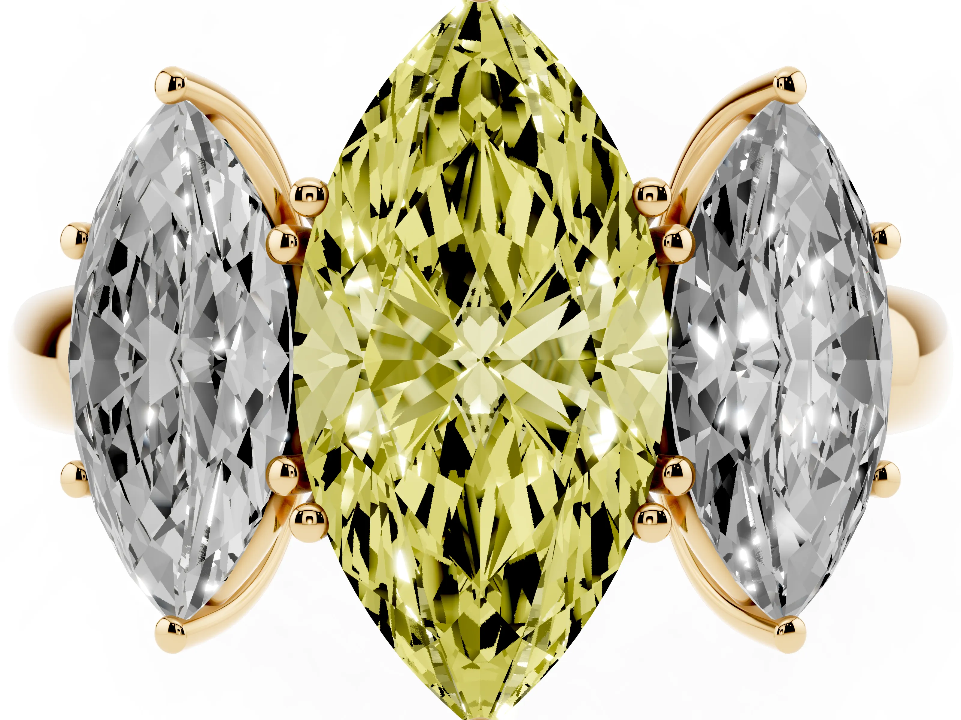 Fancy Yellow Marquise Cut Diamond Three-Stone Ring Set in Yellow gold with Bold Center and Classic Band
