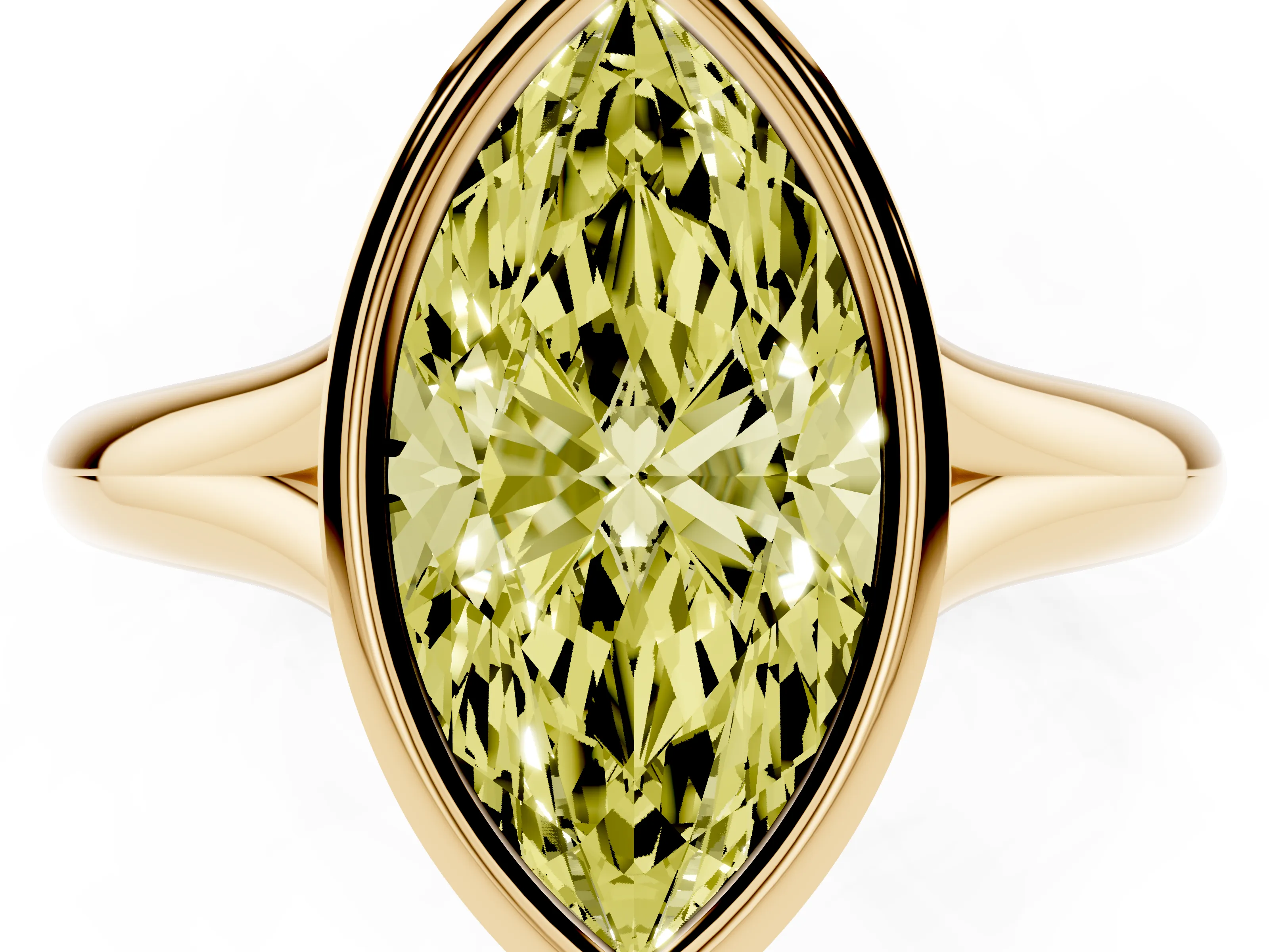 Fancy Yellow Bezel Set Marquise Cut Diamond Solitaire Ring Set in Yellow gold with Smooth Band