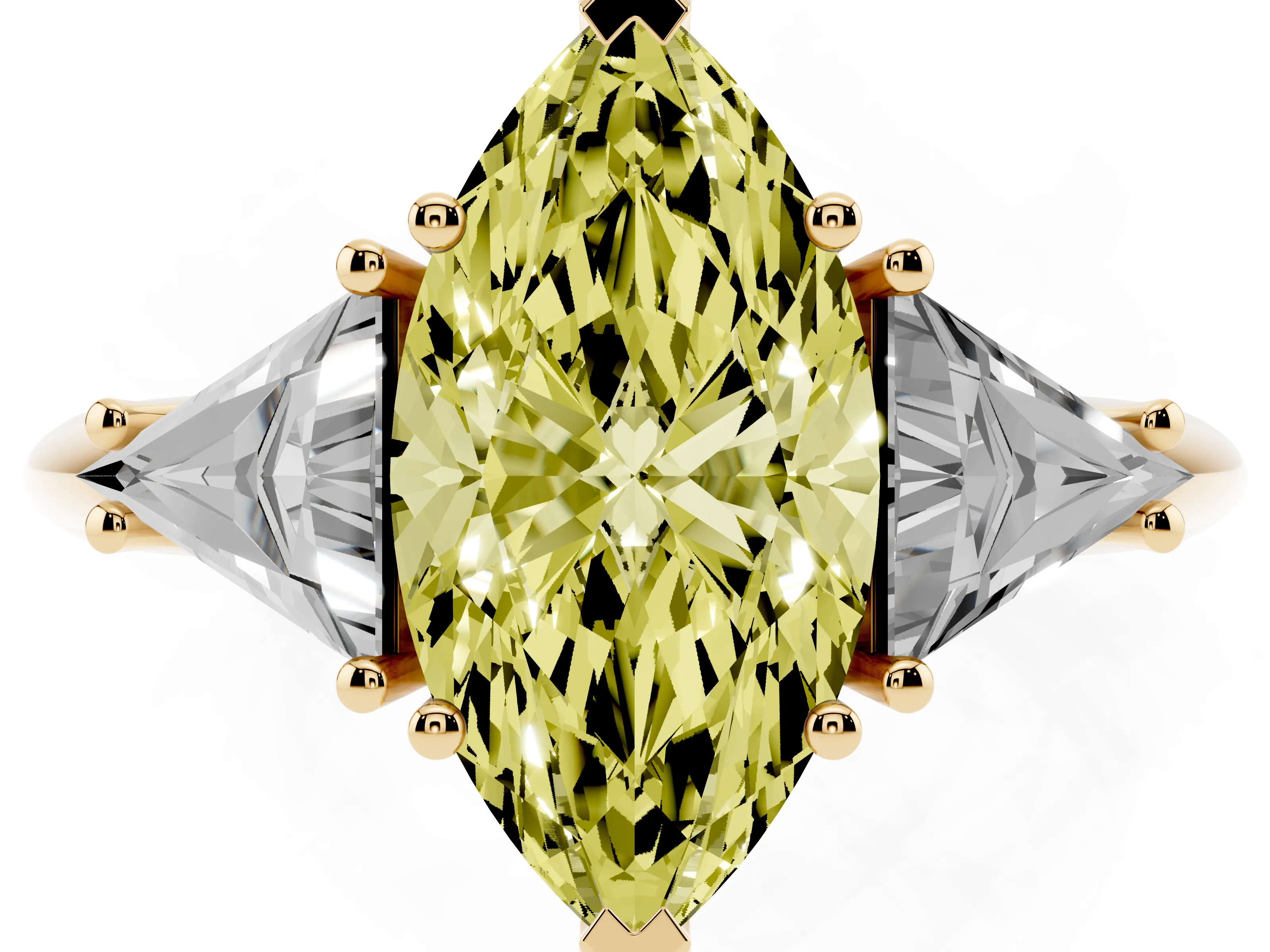 Fancy Yellow Marquise Cut Diamond Three-Stone Engagement Ring Set in Yellow gold with Trillion Side Stones