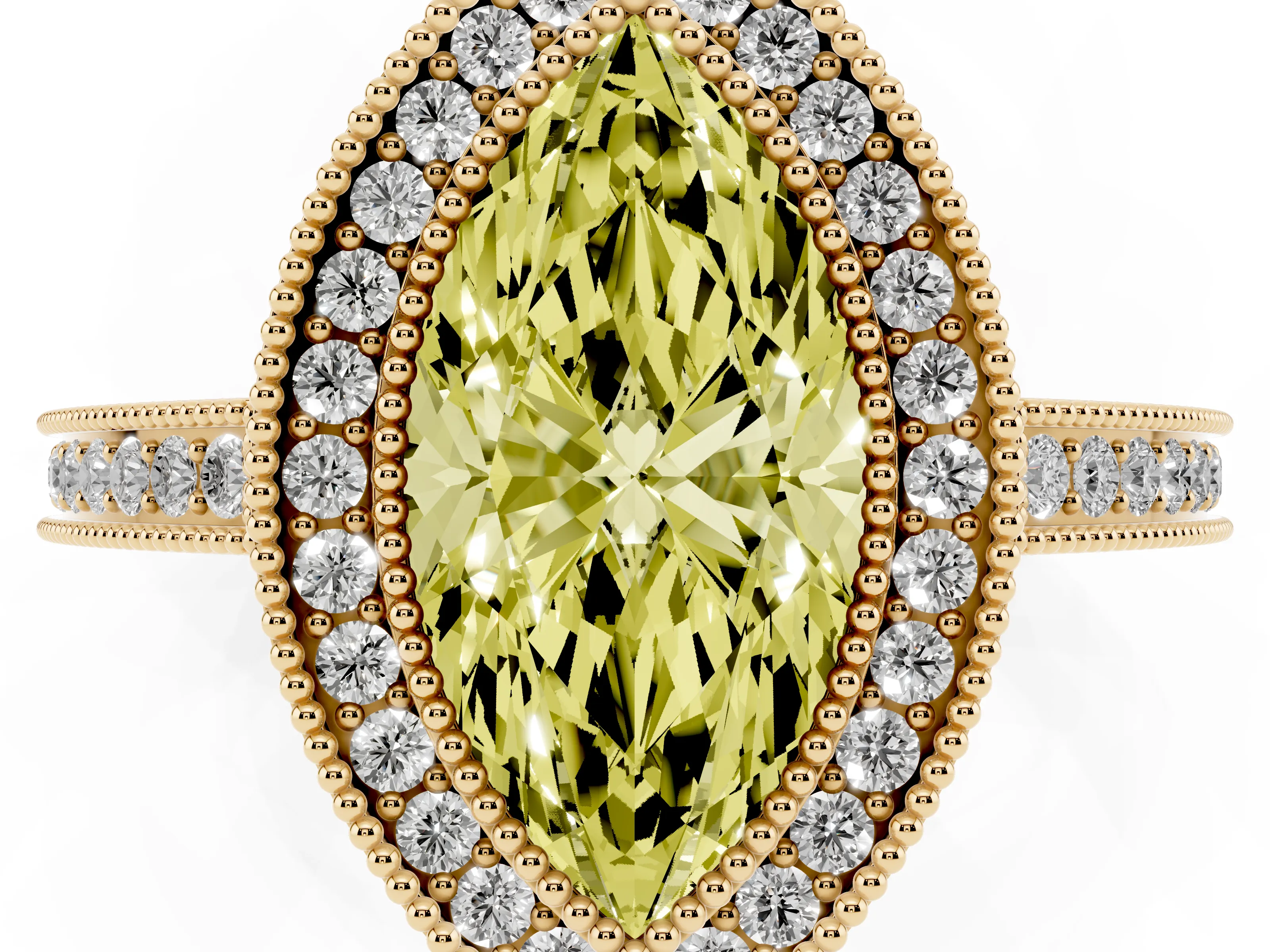 Fancy Yellow Marquise Cut Diamond Halo Ring Set in Yellow gold with Pavé Band and Milgrain-Edged Prongs