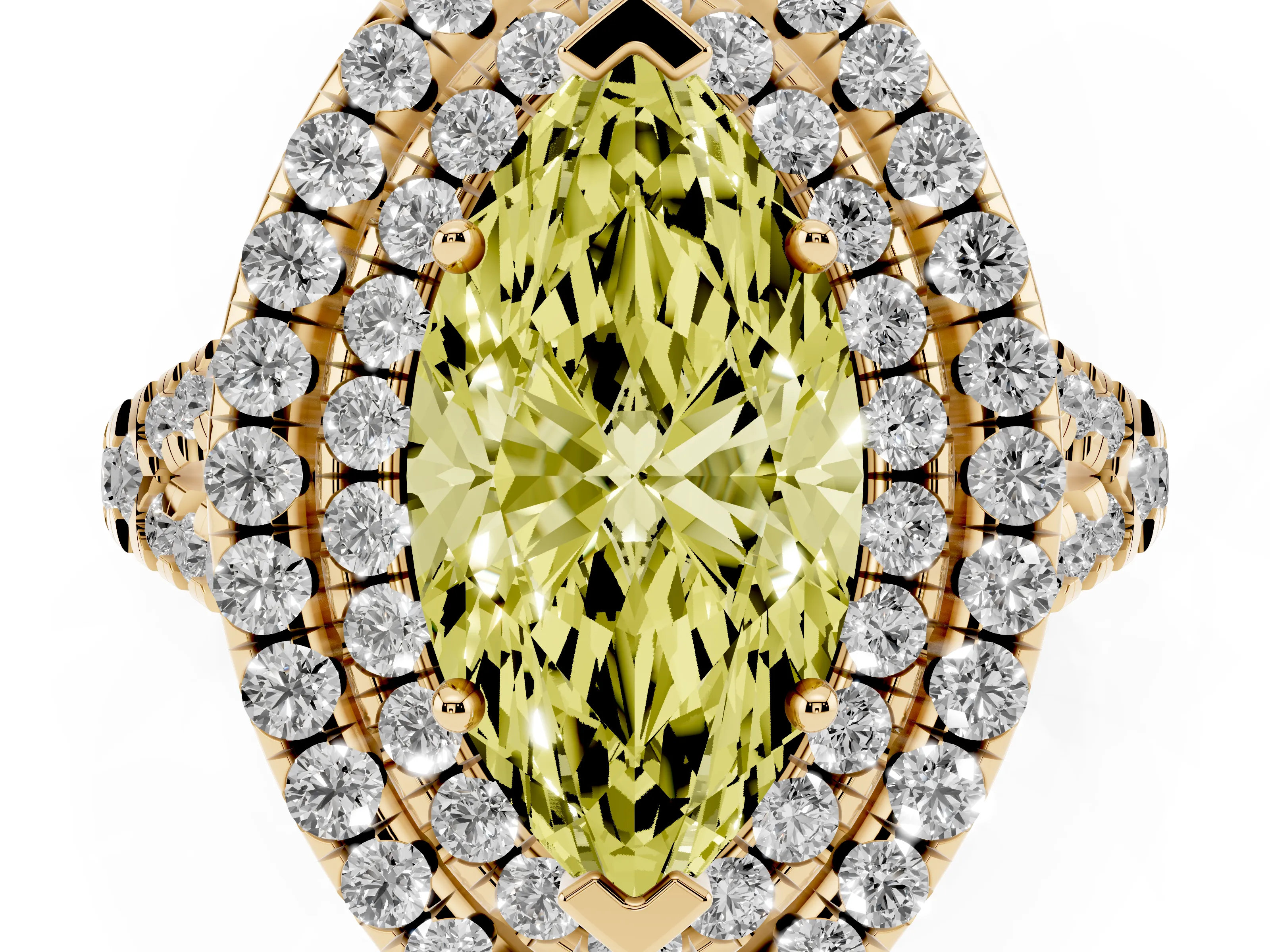 Fancy Yellow Marquise Cut Diamond Double Halo Ring Set in Yellow gold with Pavé Split Shank and Prong Setting