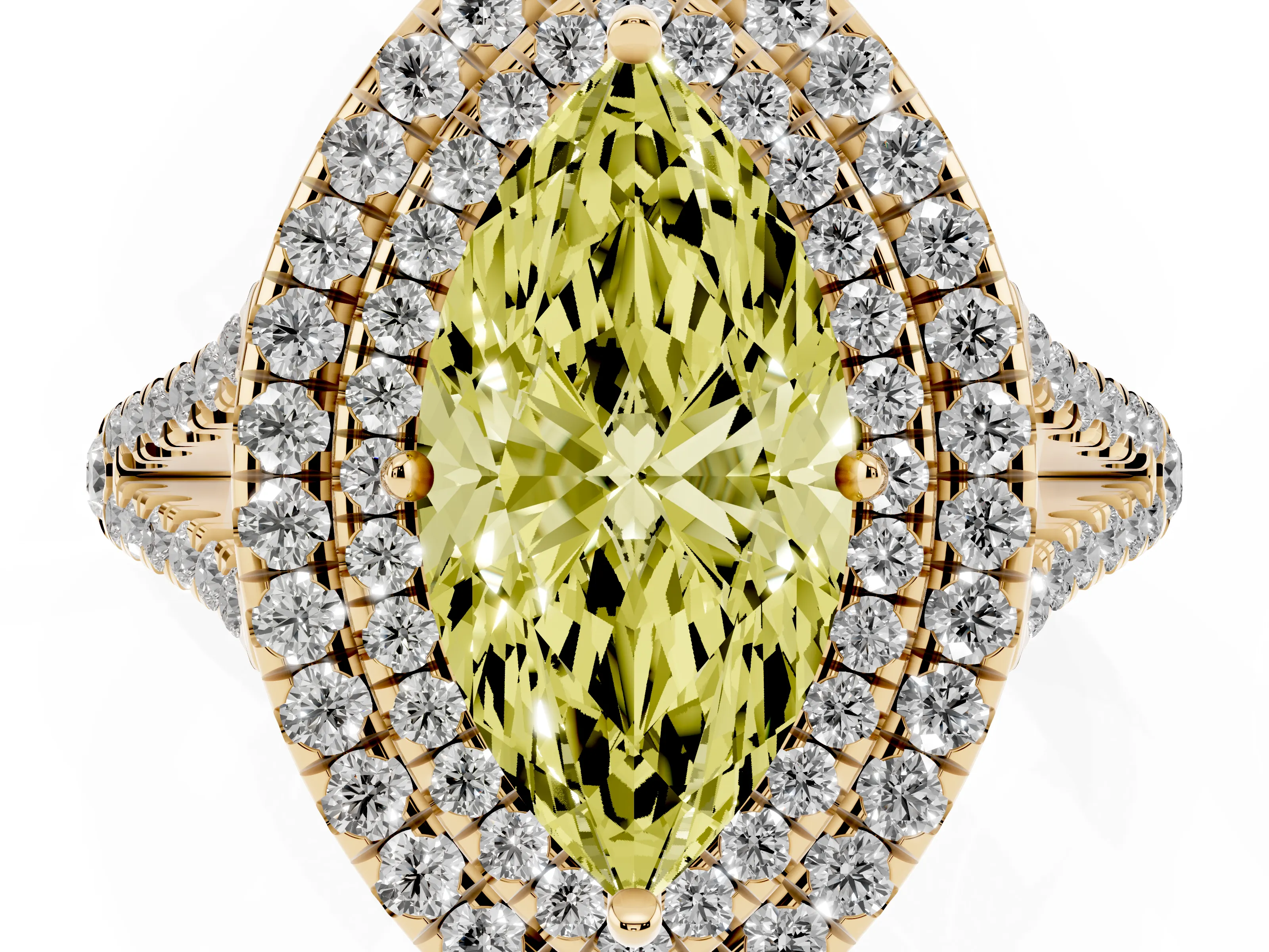 Fancy Yellow Marquise Cut Diamond Double Halo Ring Set in Yellow gold with Pavé Band