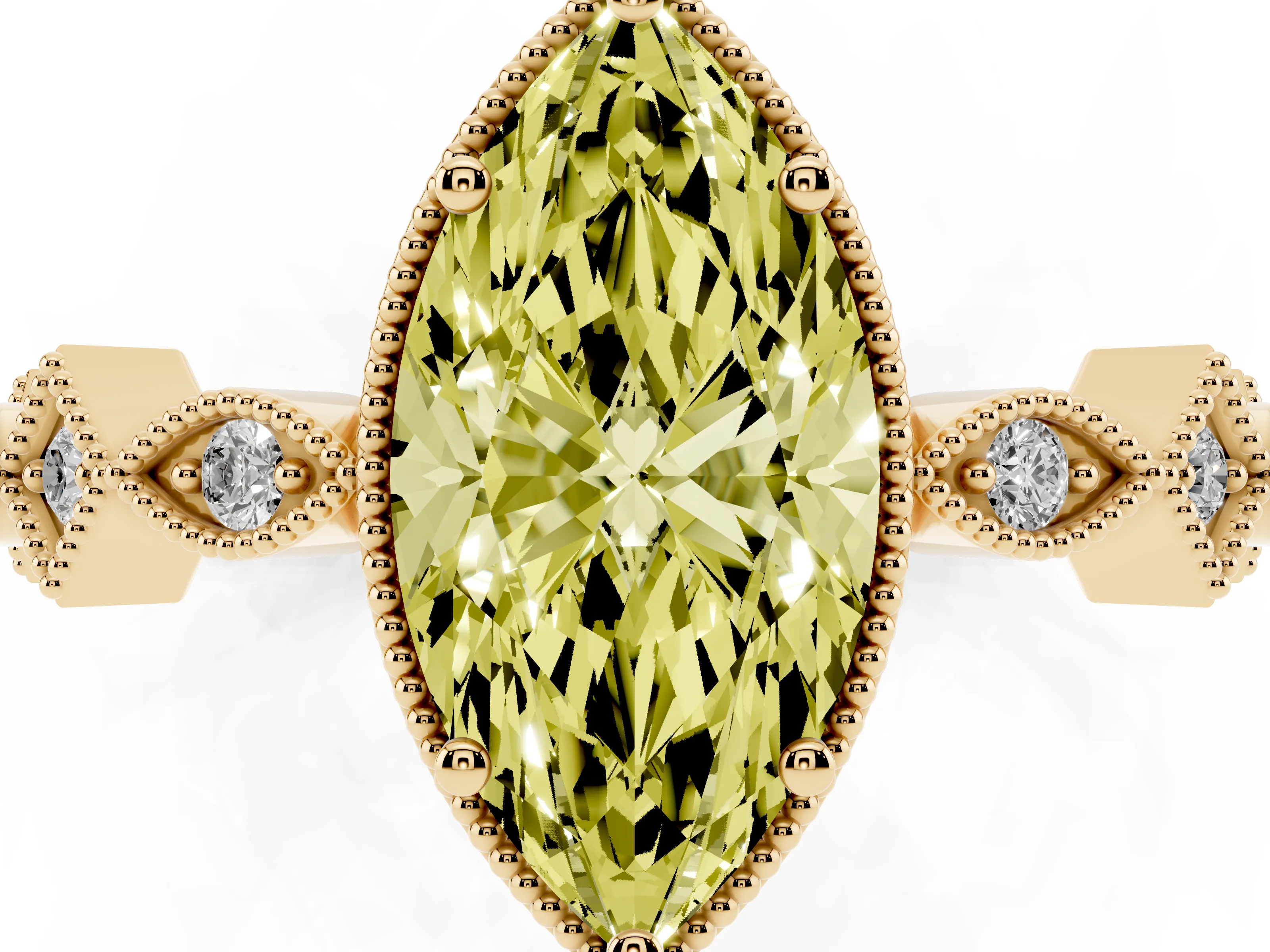Fancy Yellow Marquise Cut Diamond Milgrain Marquise Twist Band Ring Set in Yellow gold with Prong Setting