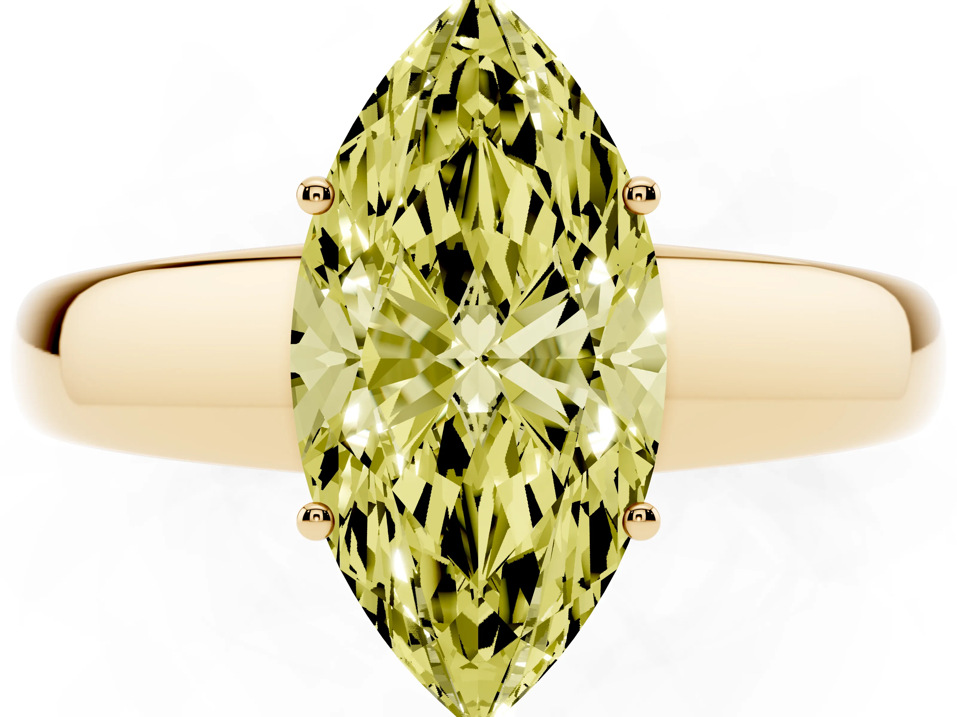 Fancy Yellow Marquise Cut Diamond Solitaire Ring Set in Yellow gold with Tapered Band and Prong Setting