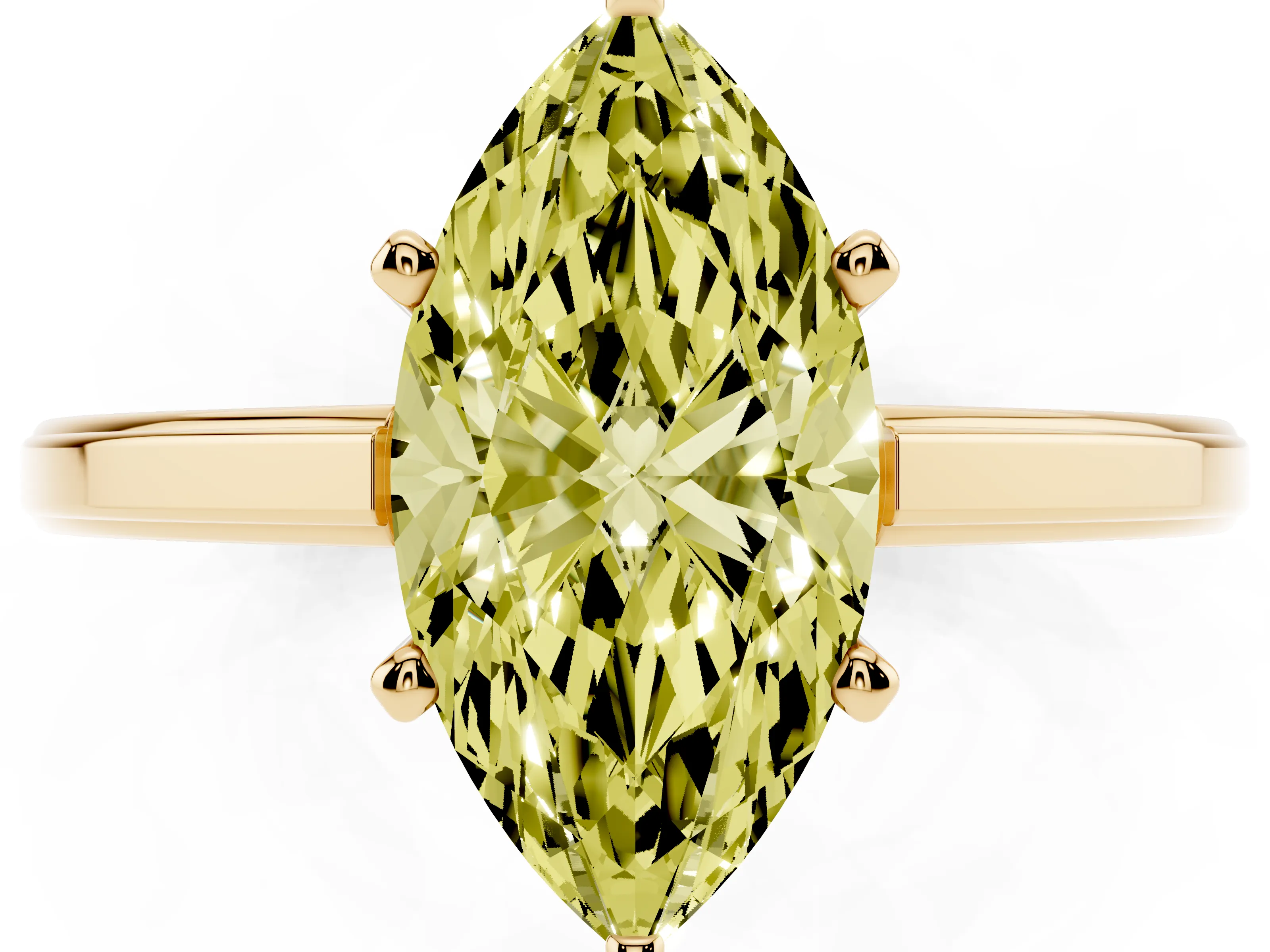 Fancy Yellow Marquise Cut Diamond Solitaire Ring Set in Yellow gold with Prong Setting and Classic Band