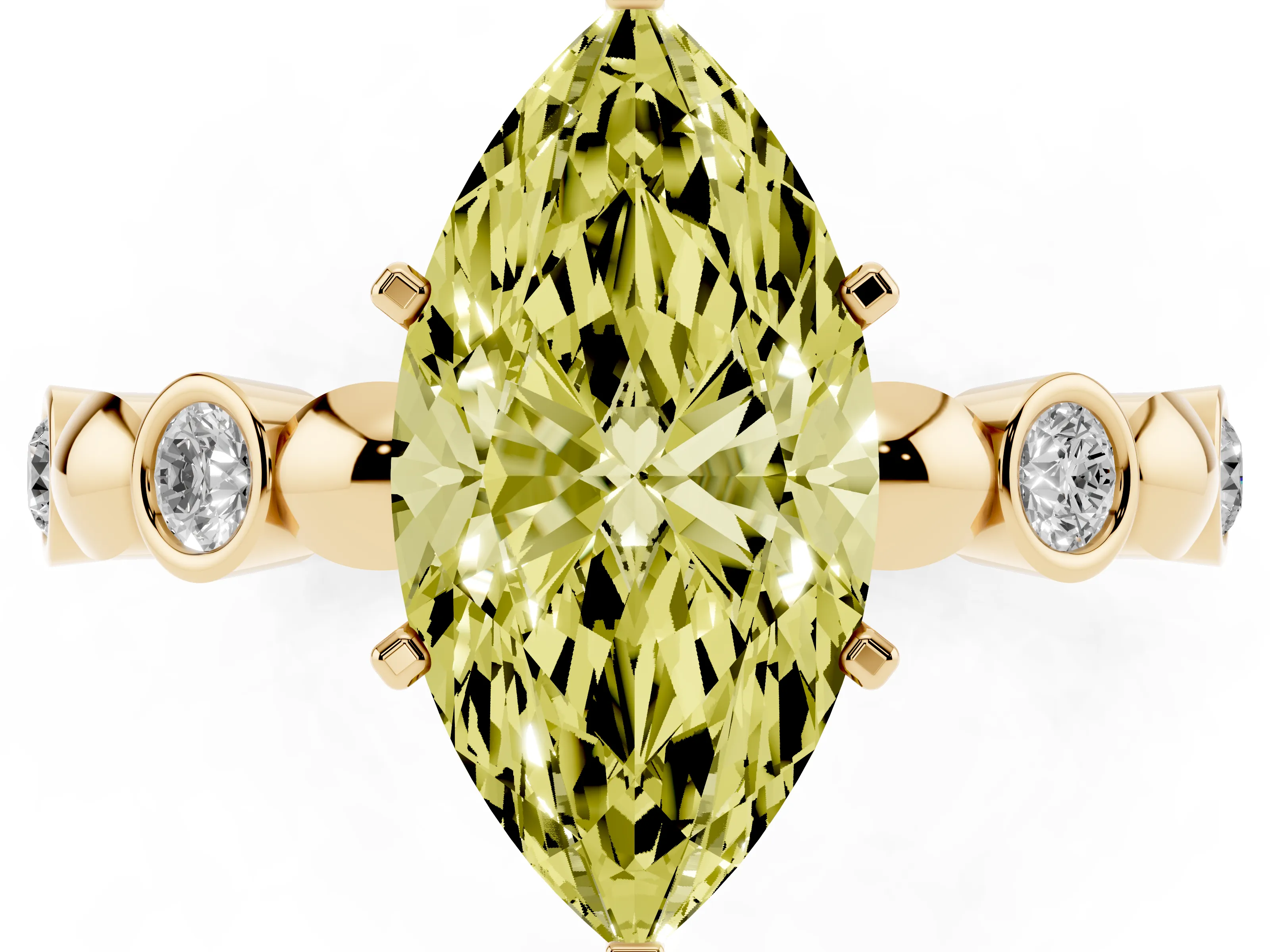 Fancy Yellow Marquise Cut Diamond Solitaire Ring Set in Yellow gold with Bezel-Set Accents on Beaded Band and Prong Setting