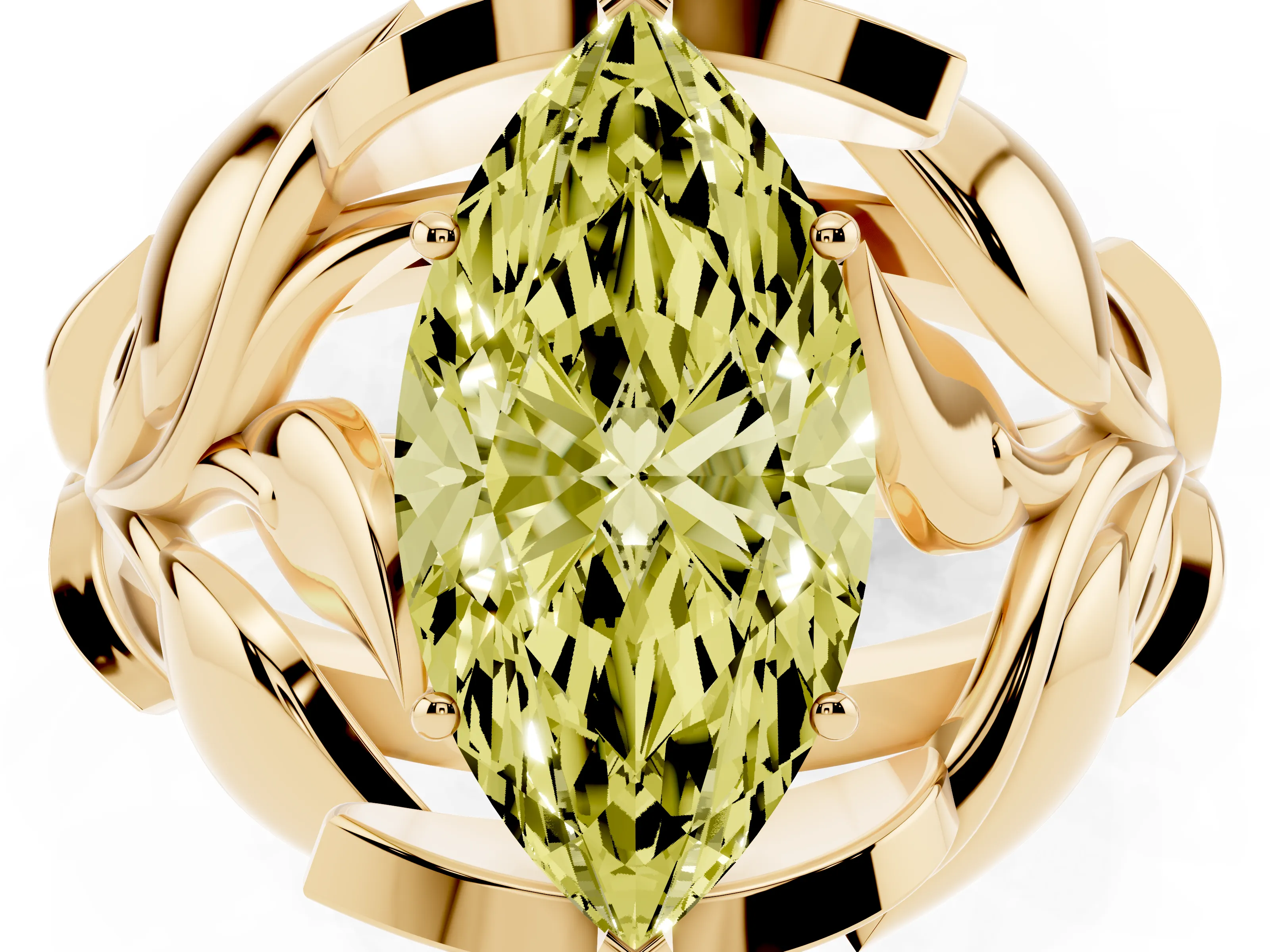 Fancy Yellow Marquise Cut Diamond Leaf-Inspired Engagement Ring Set in Yellow gold with Round Accents