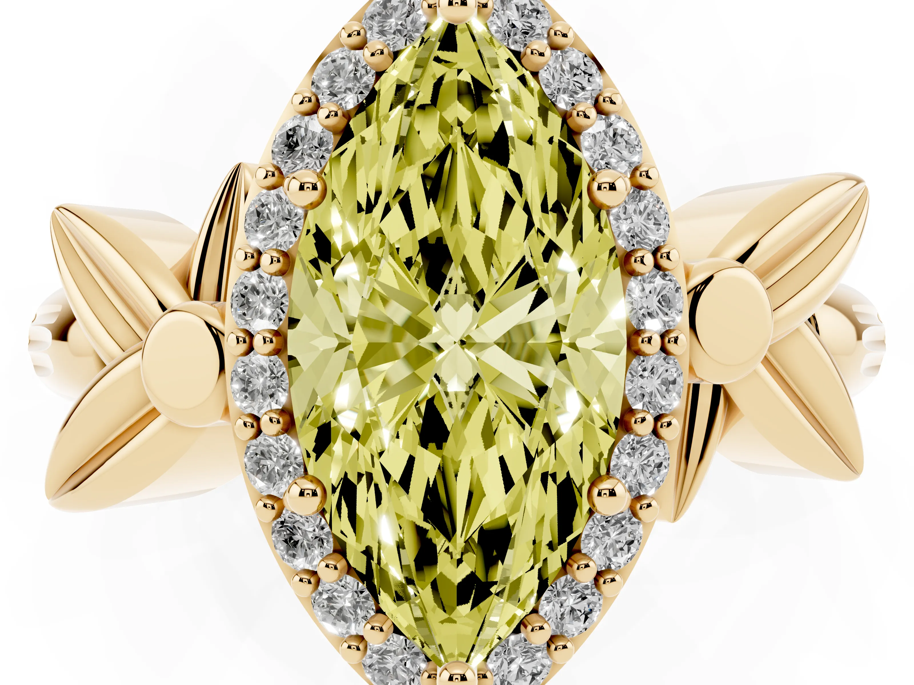 Fancy Yellow Marquise Cut Diamond Halo Floral Band Ring Set in Yellow gold with Prong Setting