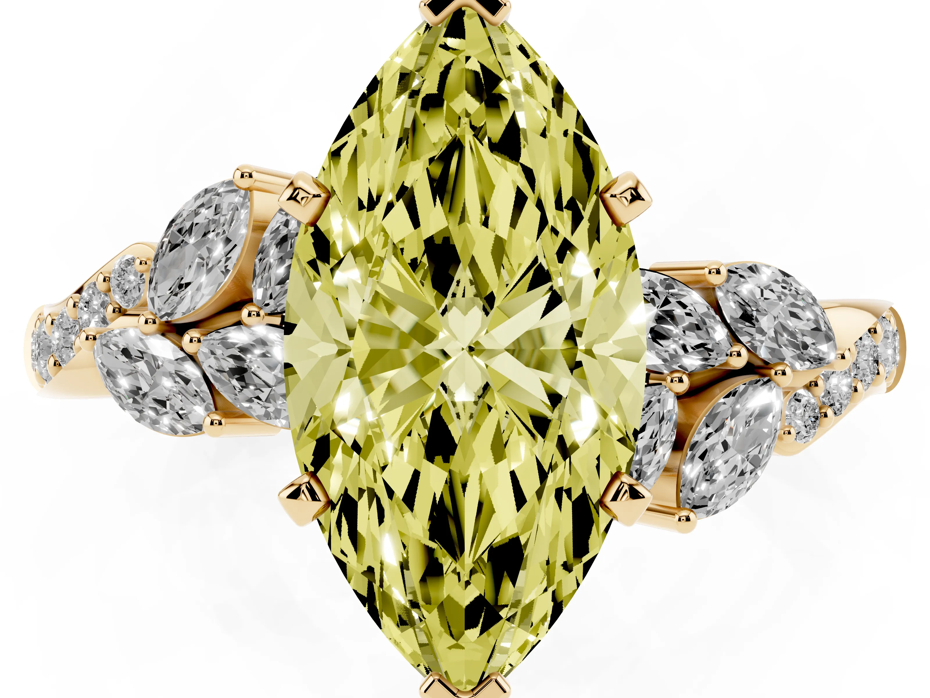 Fancy Yellow Marquise Cut Diamond Solitaire Ring Set in Yellow gold with Marquise Twist Band and Prong Setting