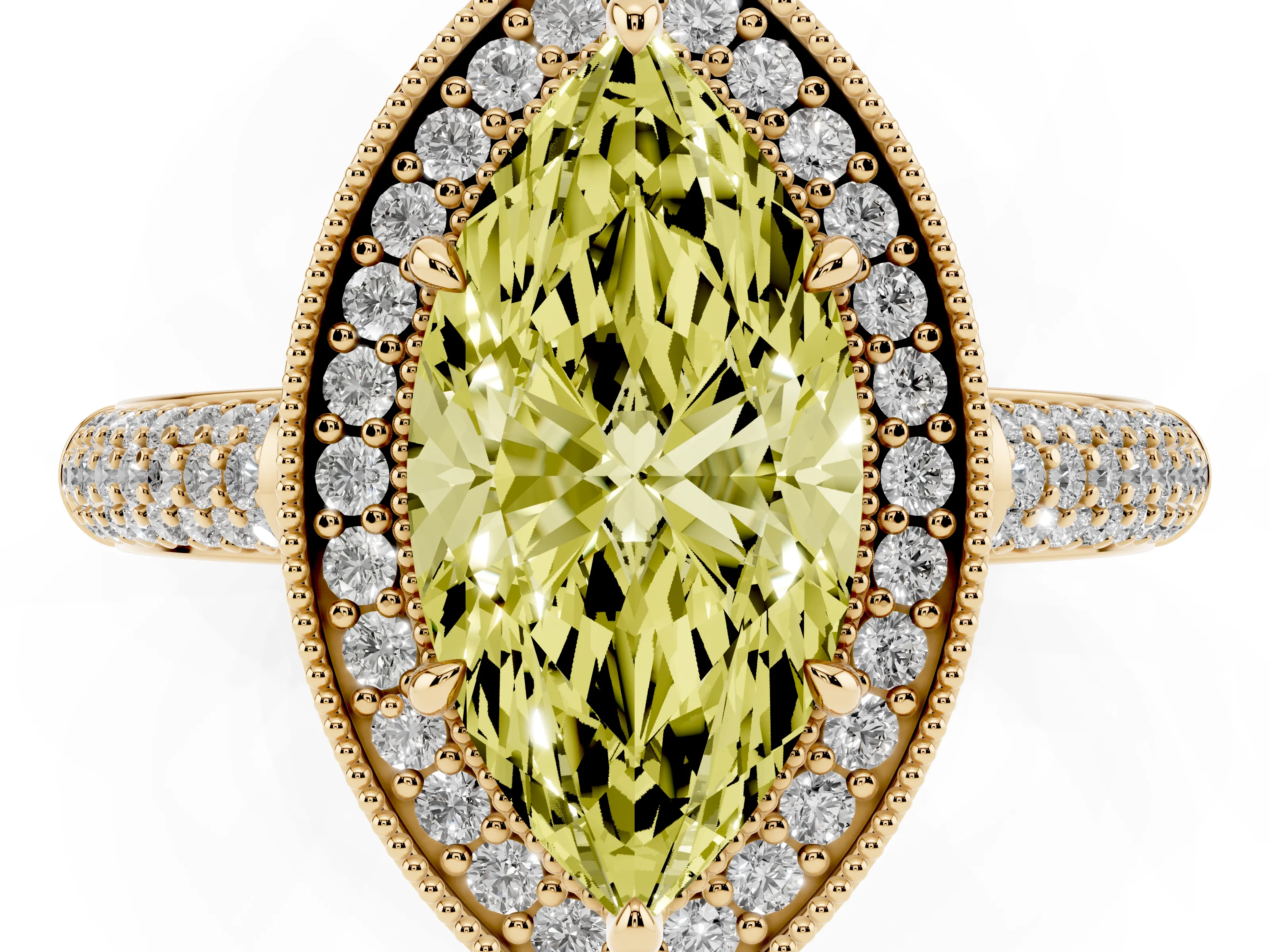 Fancy Yellow Marquise Cut Diamond Halo Pavé Band Set in Yellow gold with Prong Setting