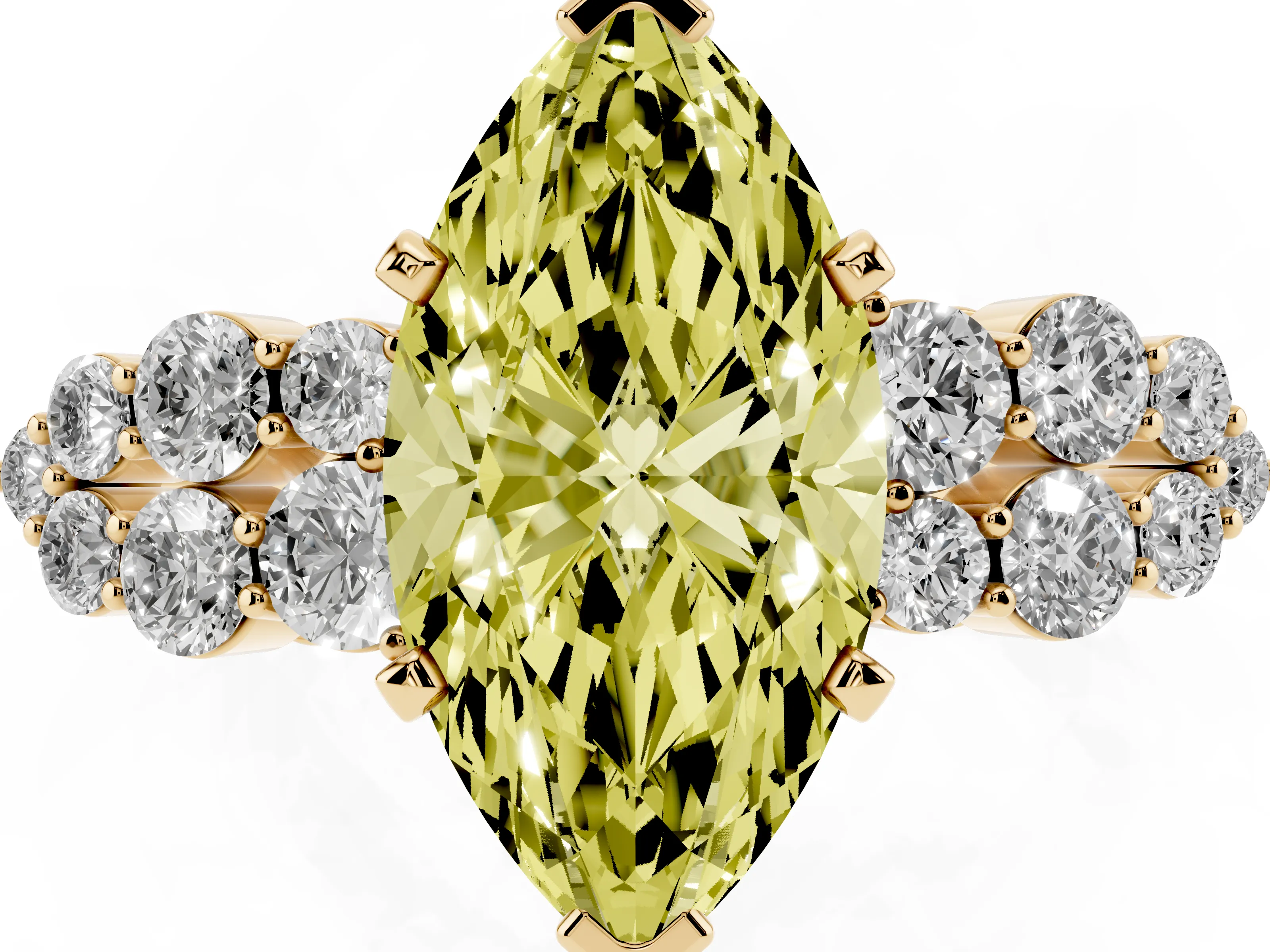 Fancy Yellow Marquise Cut Diamond Cluster Engagement Ring Set in Yellow gold with Pavé Band and Prong Setting