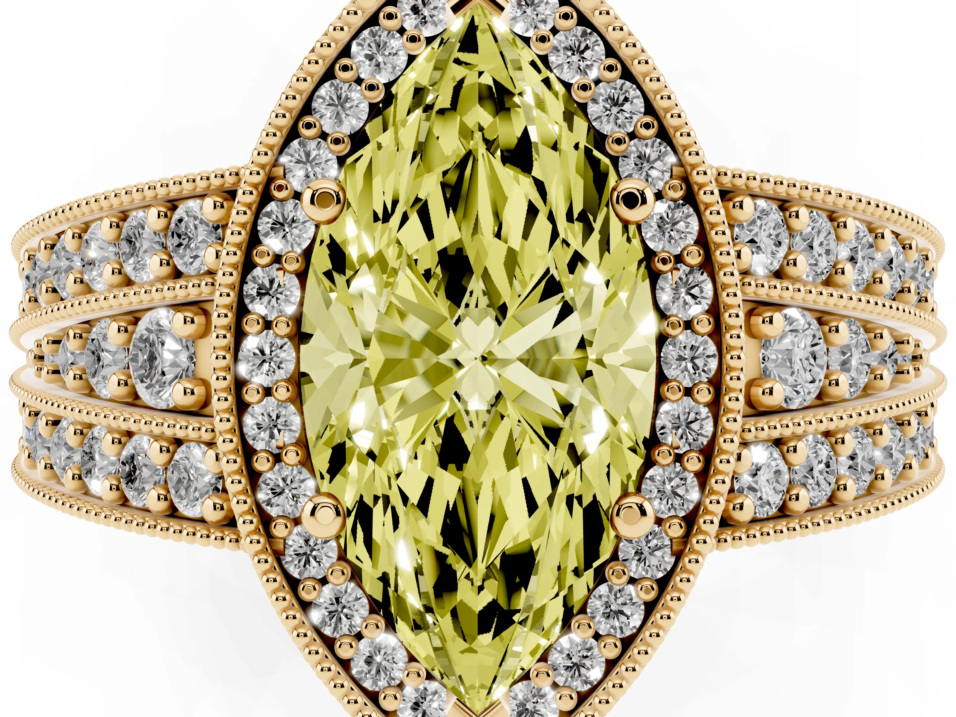 Fancy Yellow Marquise Cut Diamond Halo Ring Set in Yellow gold with Accent Split Shank and Prong Setting
