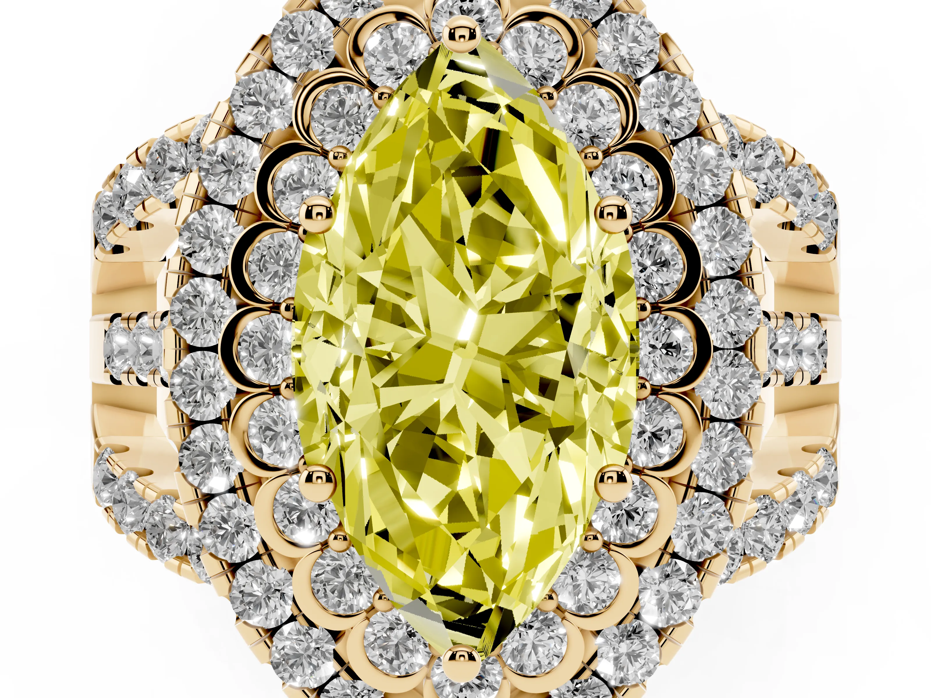 Fancy Yellow Marquise Cut Diamond Double Halo Ring Set in Yellow gold with Round Pavé Split Shank