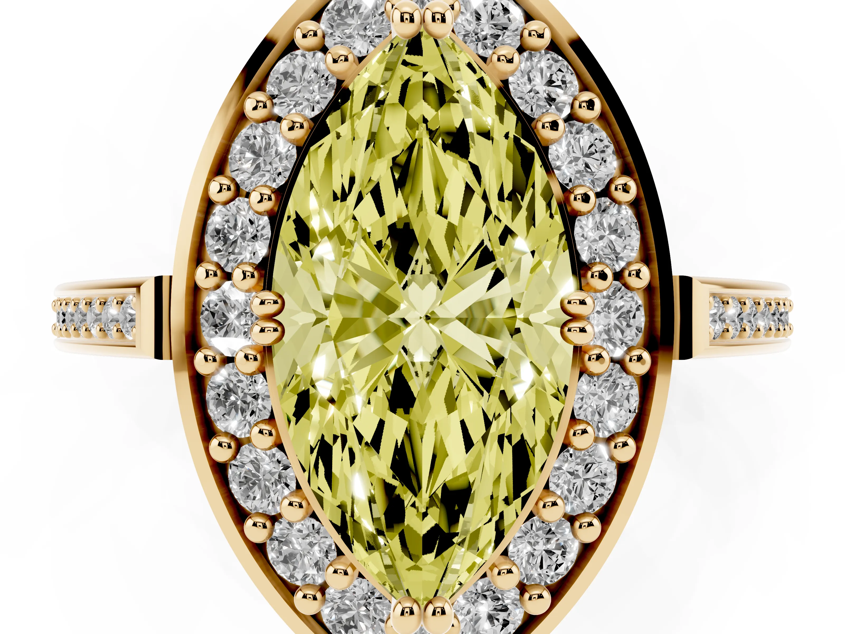 Fancy Yellow Marquise Cut Diamond Halo Ring Set in Yellow gold with Accent-Lined Split Shank and Prong Setting
