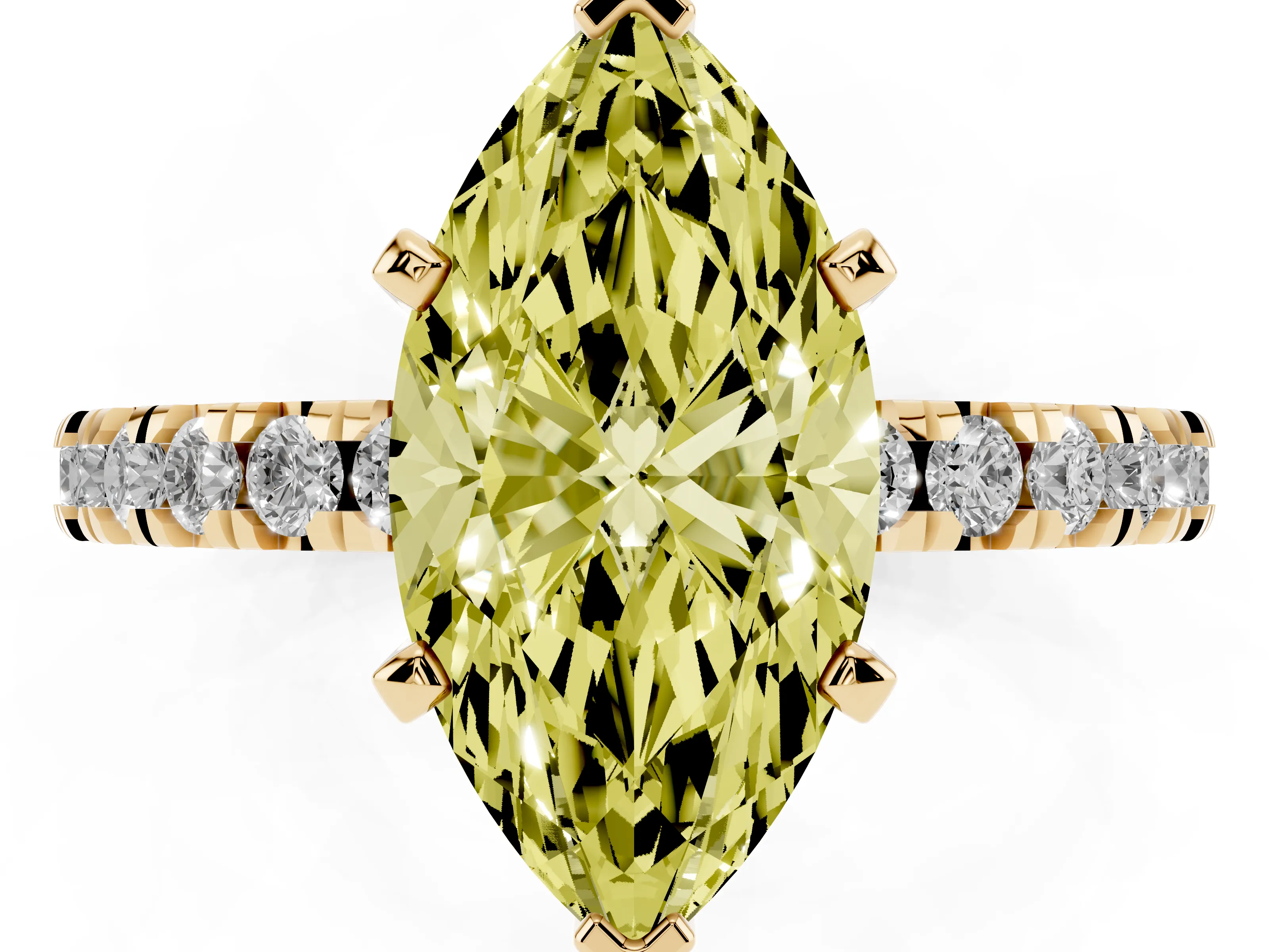 Fancy Yellow Marquise Cut Diamond Pavé Band Solitaire Set in Yellow gold with Prong Setting