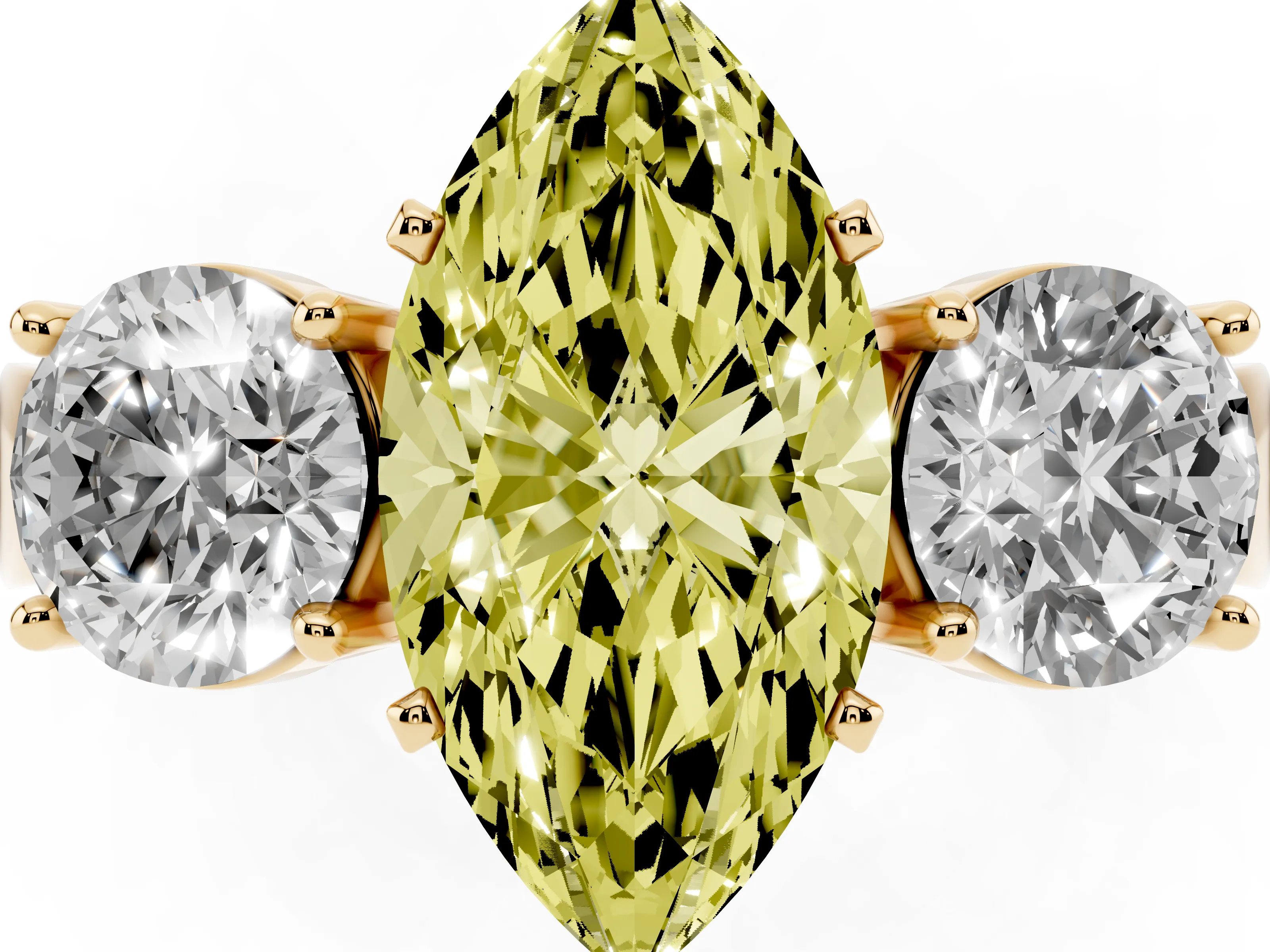 Fancy Yellow Marquise Cut Diamond Three-Stone Ring Set in Yellow gold with Round Side Stones and Classic Band