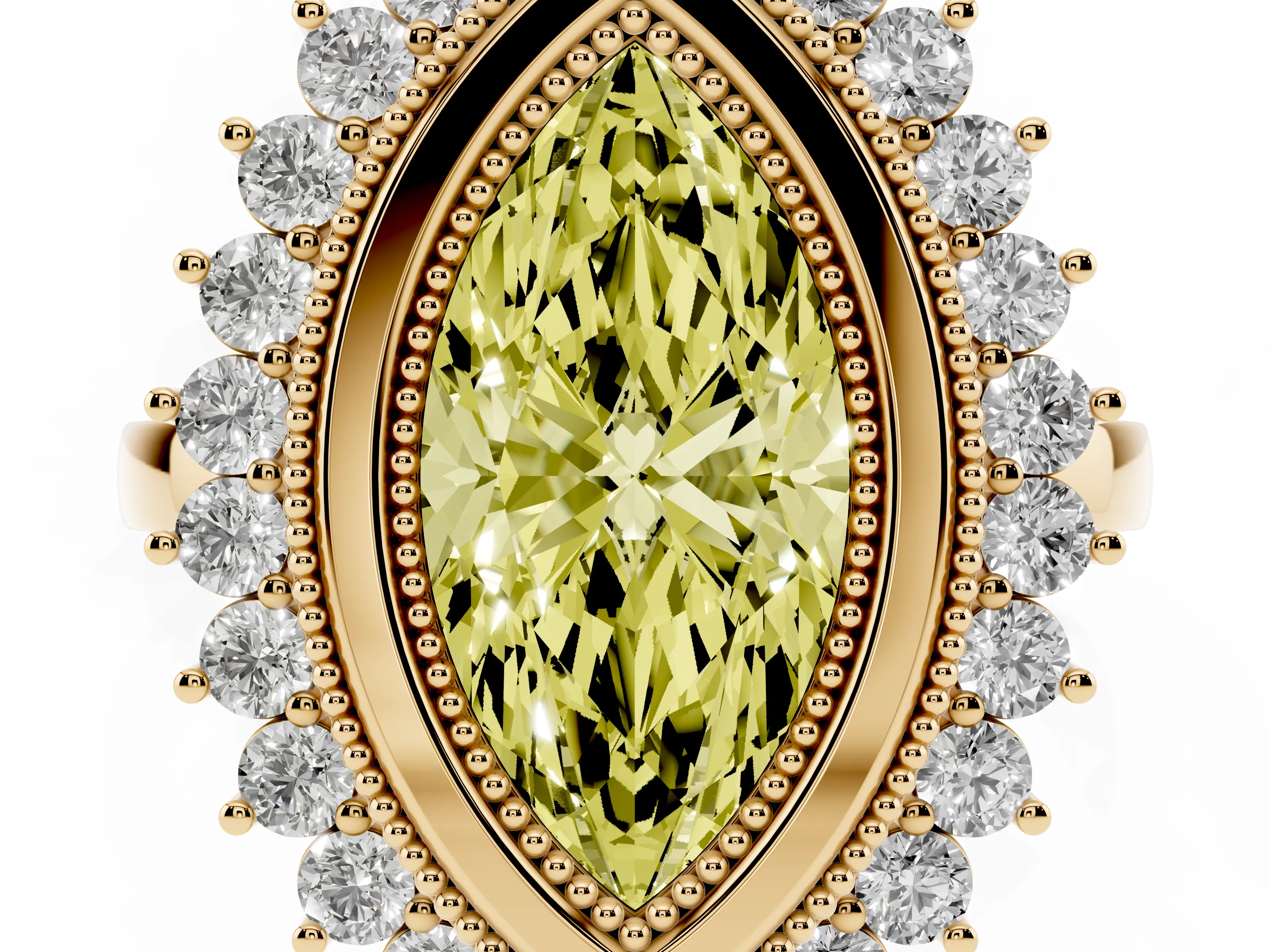 Fancy Yellow Marquise Cut Diamond Halo Ring Set in Yellow gold with Milgrain Edge and Round Prong Setting