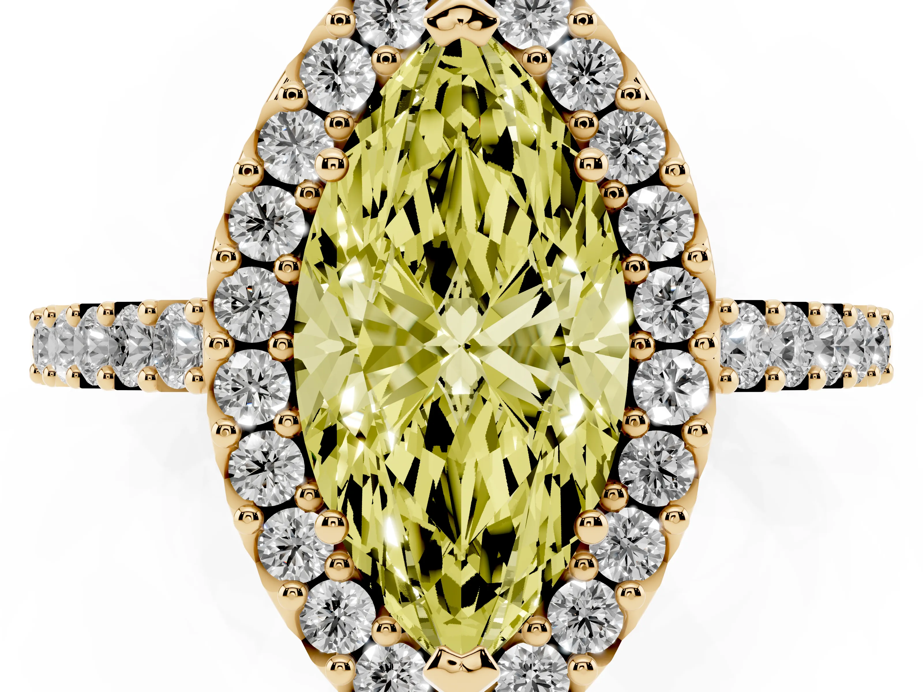 Fancy Yellow Marquise Cut Diamond Halo Pavé Solitaire Ring Set in Yellow gold with Prong-Set Center Stone