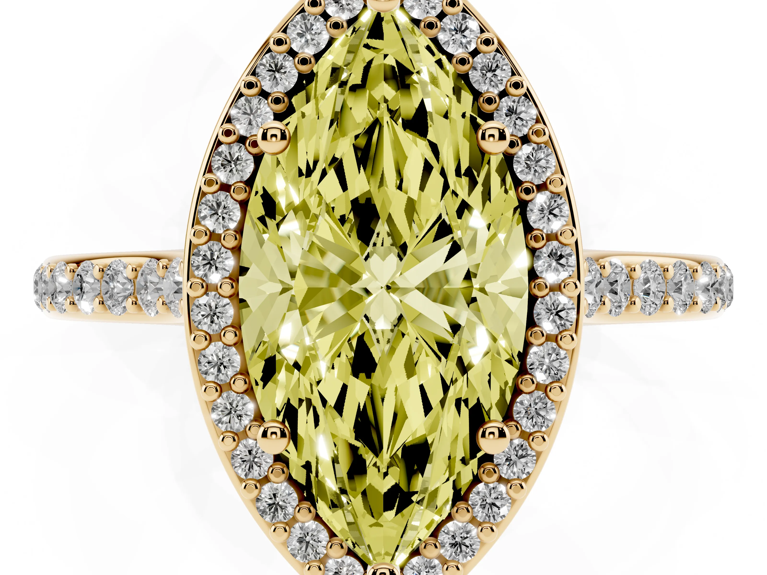 Fancy Yellow Marquise Cut Diamond Halo Engagement Ring Set in Yellow gold with Round Pavé Shoulders and Heart Gallery