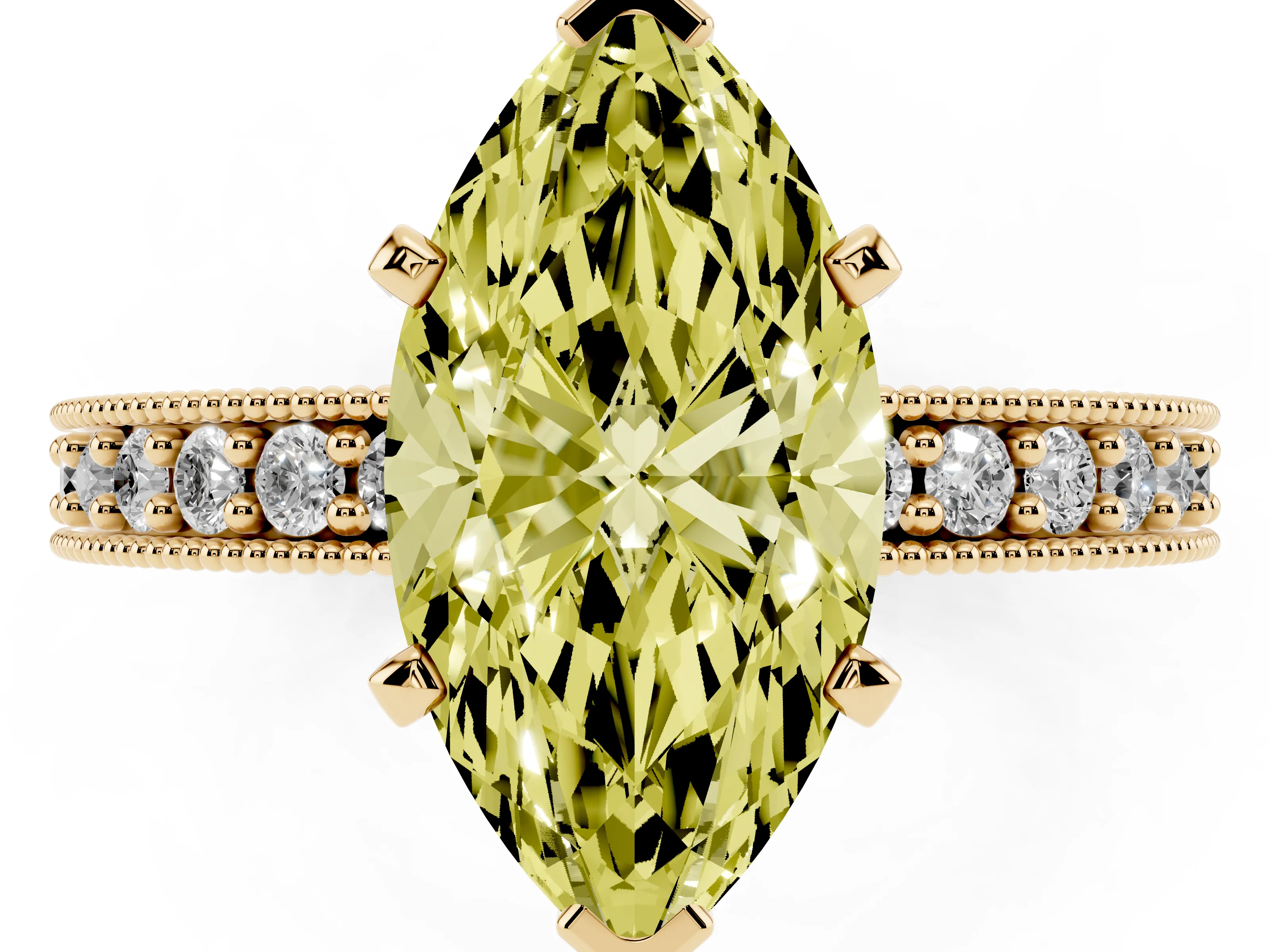 Fancy Yellow Marquise Cut Diamond Milgrain Pavé Engagement Ring Set in Yellow gold with Prong Setting